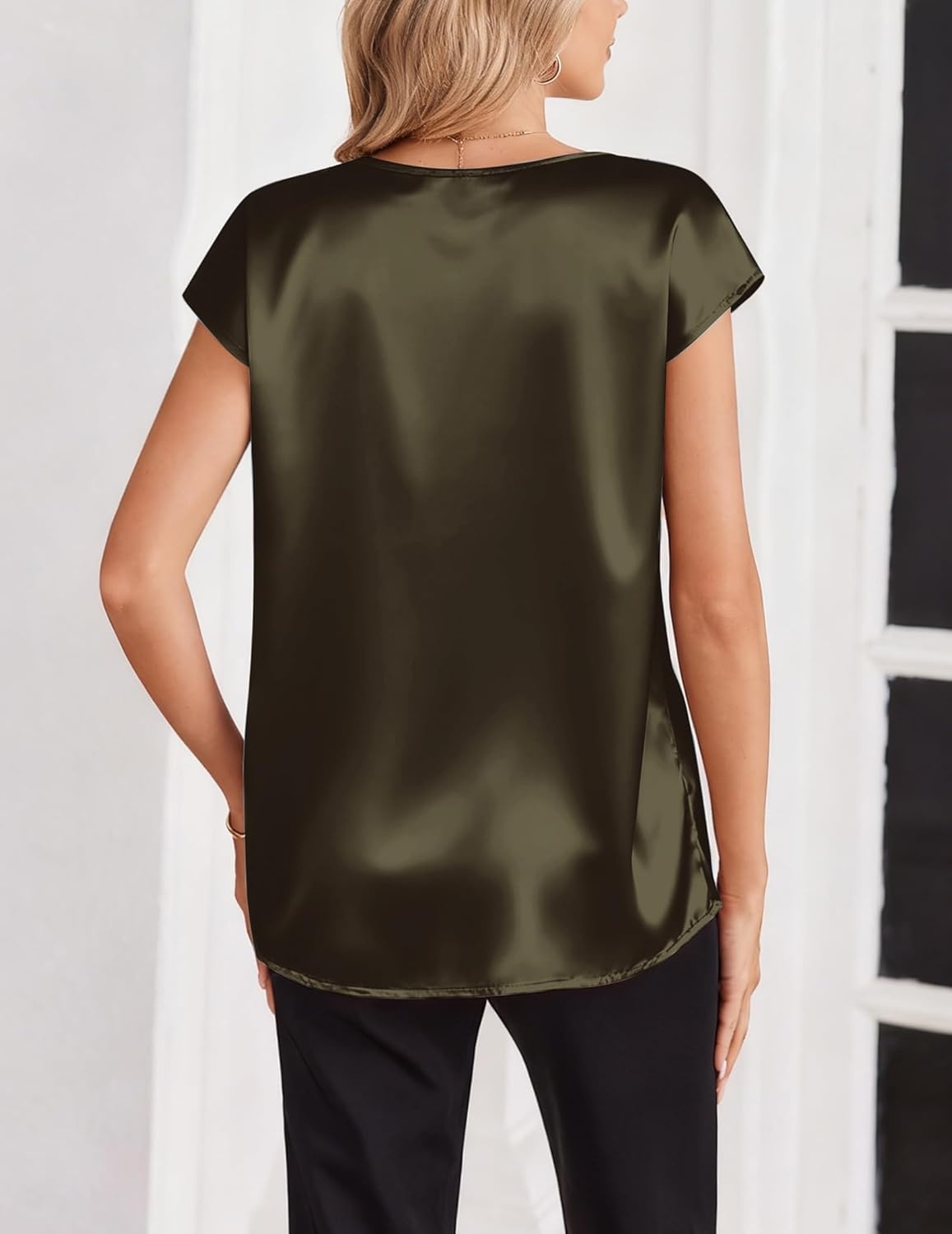 image:imageZeagoo Women Silk Satin Tops Cap Short Sleeve Blouse V Neck Shirts Business Casual Outfits S2XLArmy Green