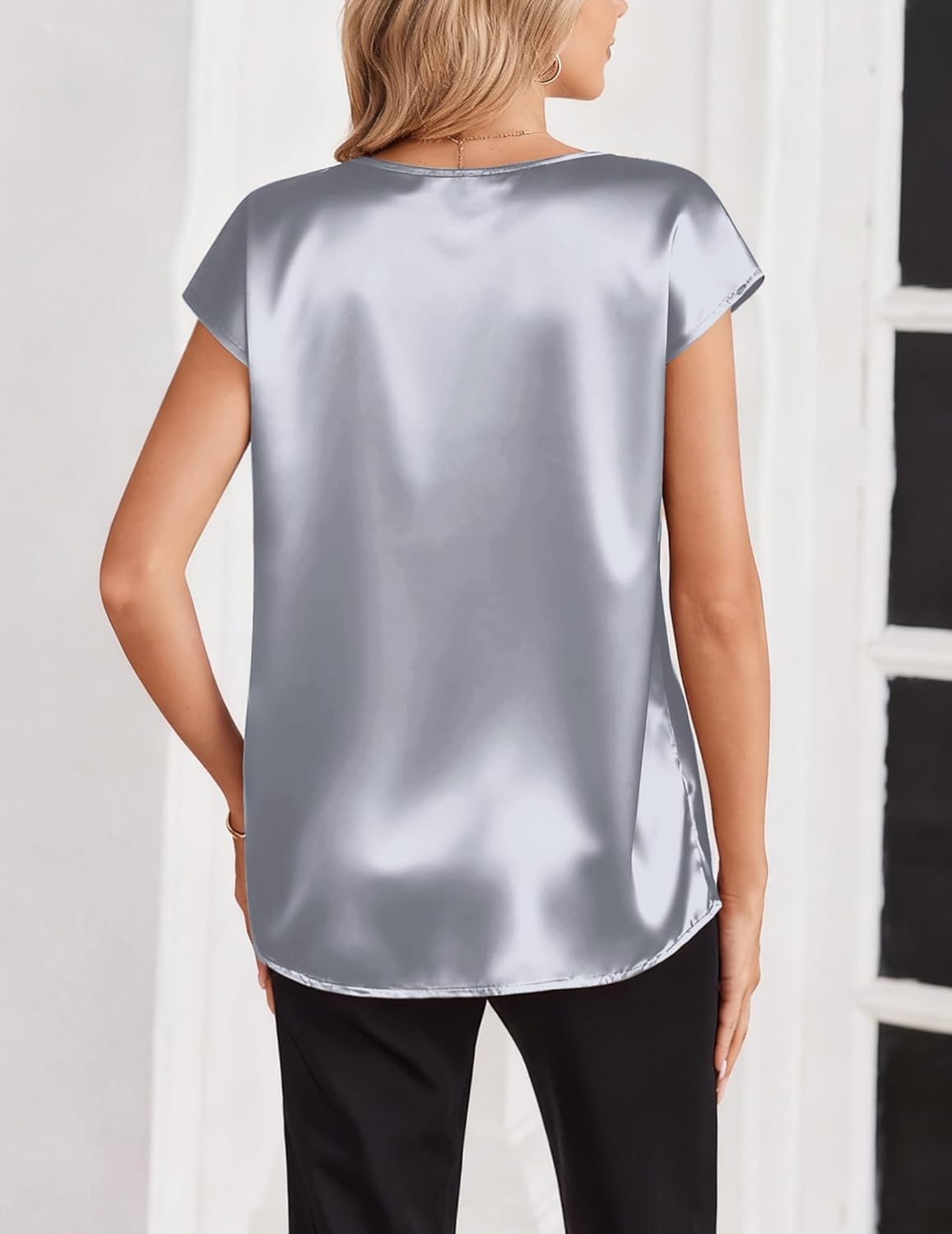 image:imageZeagoo Women Silk Satin Tops Cap Short Sleeve Blouse V Neck Shirts Business Casual Outfits S2XLGrey