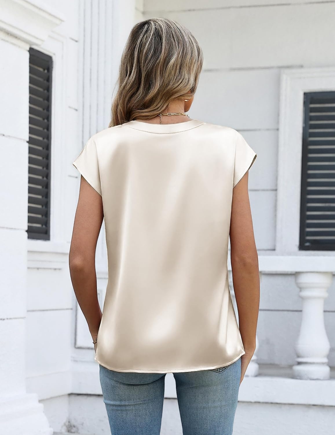 image:imageZeagoo Women Tops Silk Satin Blouses V Neck Summer Shirts Cap Sleeve Business Casual Dressy Spring ClothingBeige