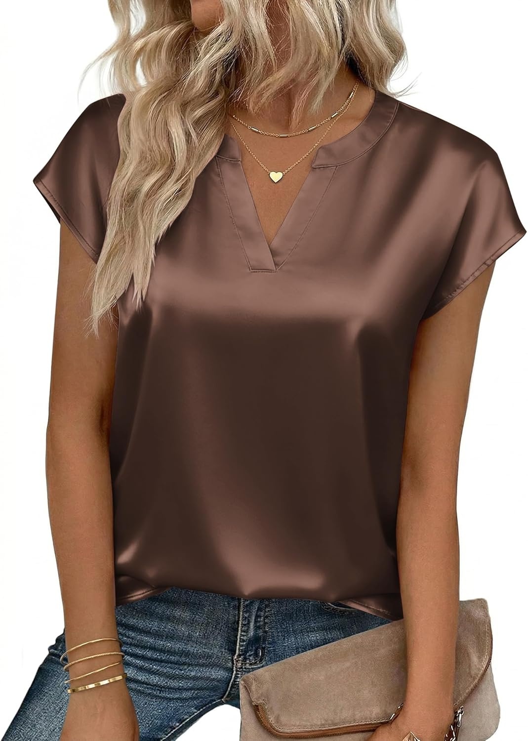 image:imageZeagoo Women Tops Silk Satin Blouses V Neck Summer Shirts Cap Sleeve Business Casual Dressy Spring ClothingBrown