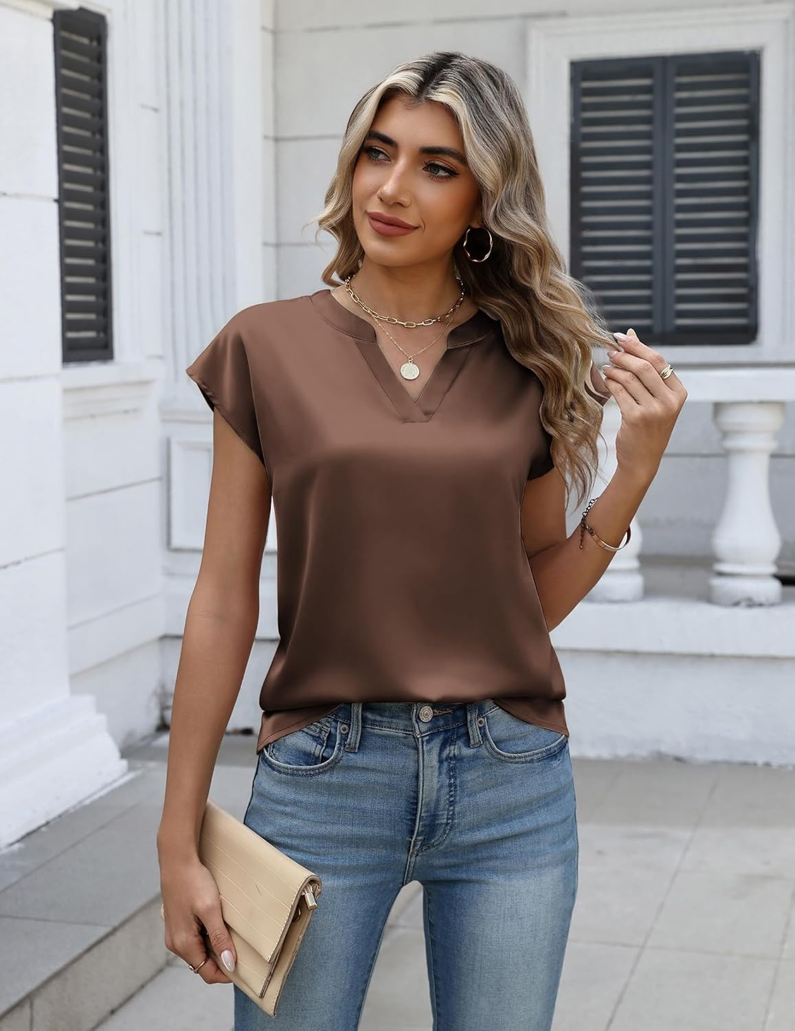 image:imageZeagoo Women Tops Silk Satin Blouses V Neck Summer Shirts Cap Sleeve Business Casual Dressy Spring ClothingBrown