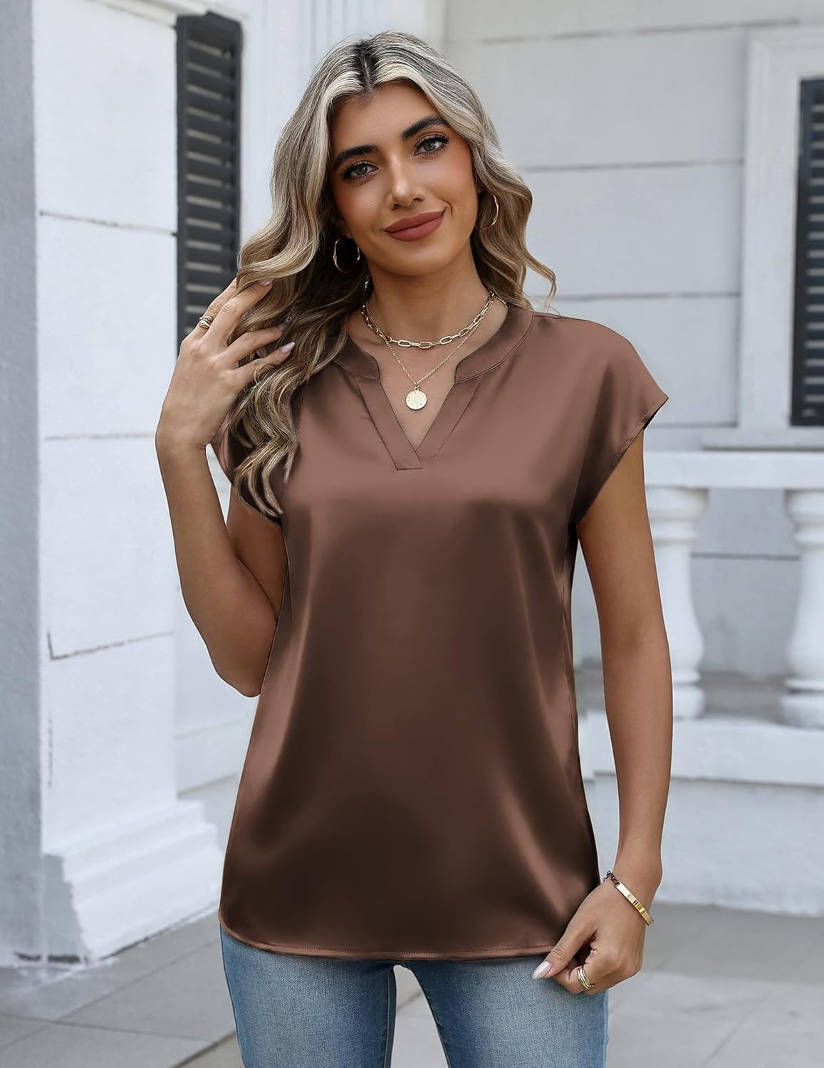 image:imageZeagoo Women Tops Silk Satin Blouses V Neck Summer Shirts Cap Sleeve Business Casual Dressy Spring ClothingBrown