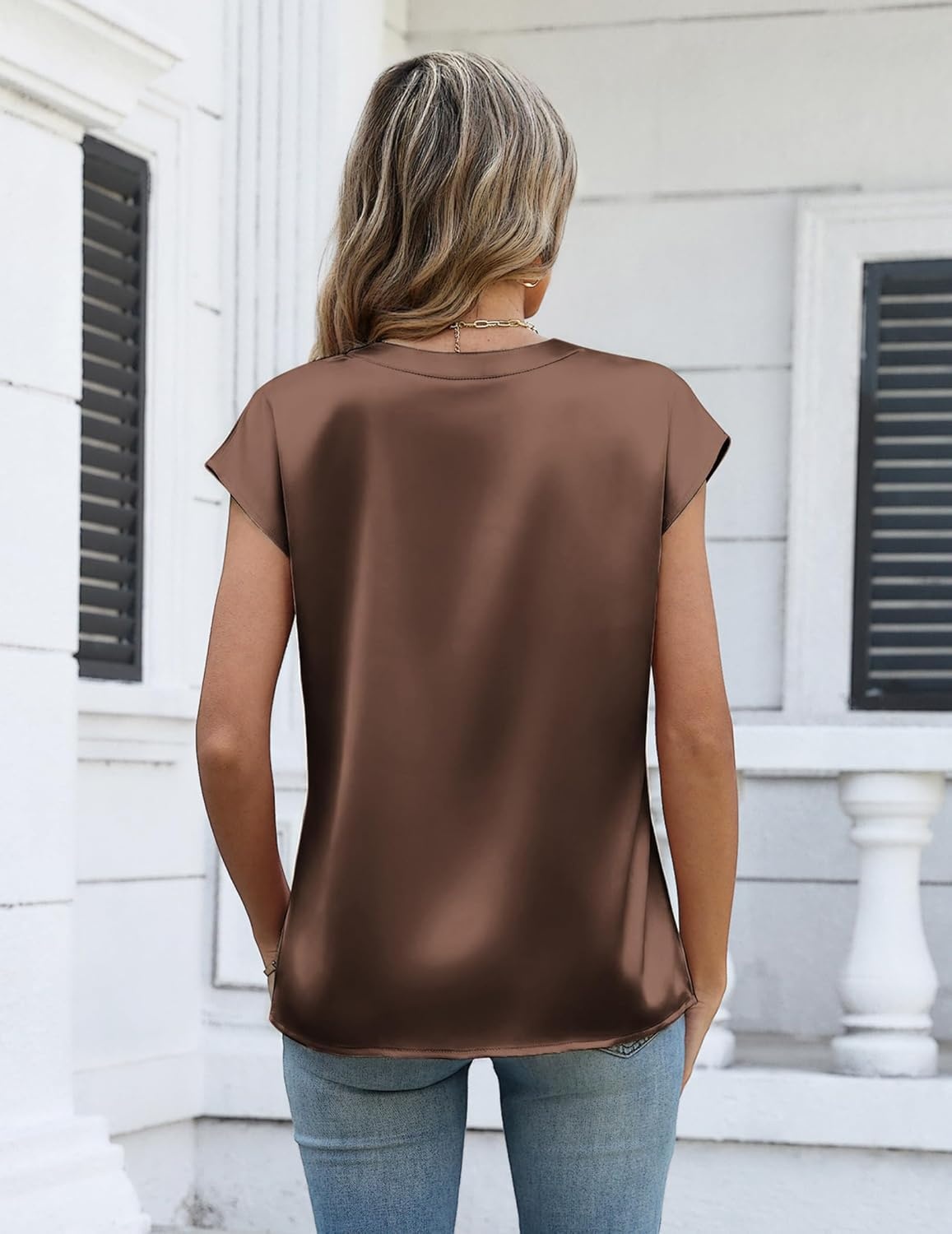 image:imageZeagoo Women Tops Silk Satin Blouses V Neck Summer Shirts Cap Sleeve Business Casual Dressy Spring ClothingBrown
