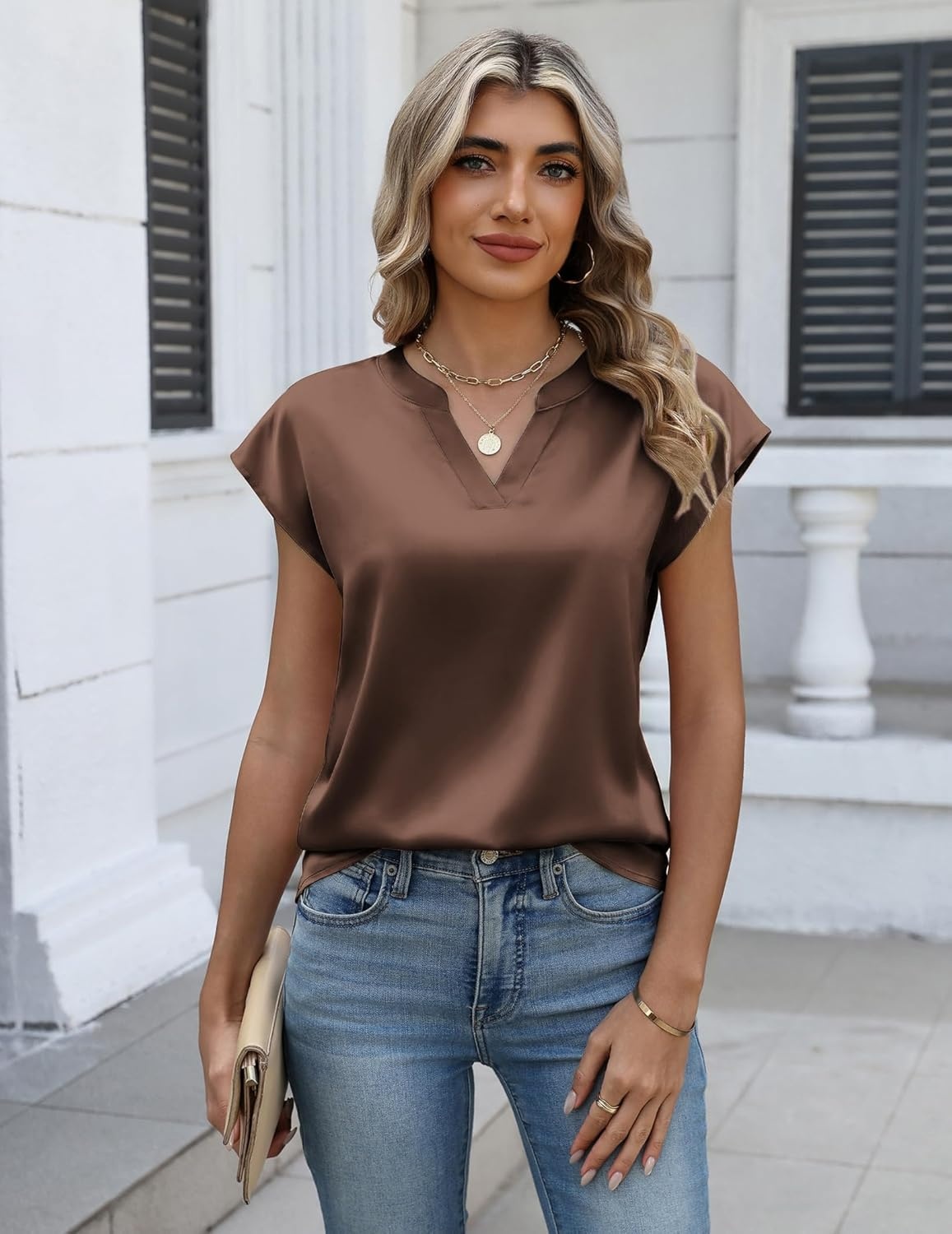 image:imageZeagoo Women Tops Silk Satin Blouses V Neck Summer Shirts Cap Sleeve Business Casual Dressy Spring ClothingBrown
