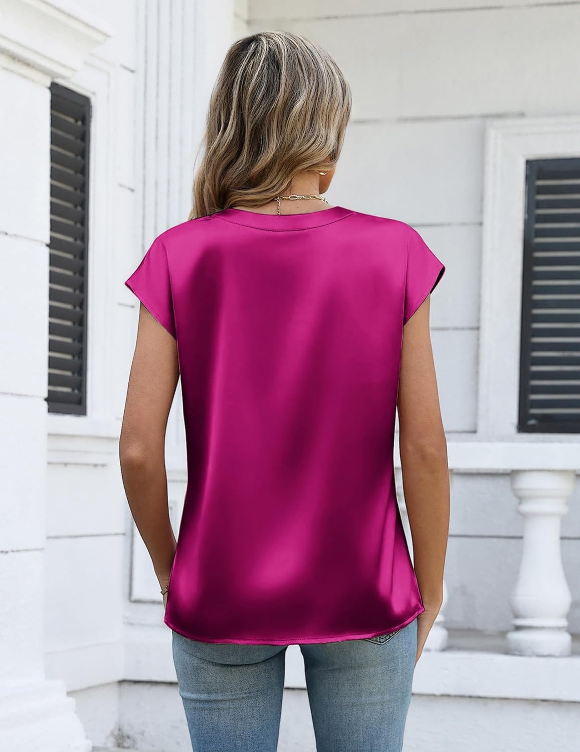 image:imageZeagoo Women Tops Silk Satin Blouses V Neck Summer Shirts Cap Sleeve Business Casual Dressy Spring ClothingHot Pink