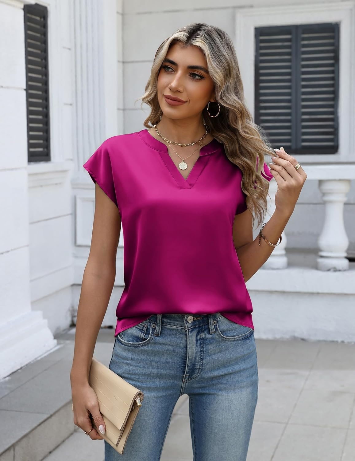 image:imageZeagoo Women Tops Silk Satin Blouses V Neck Summer Shirts Cap Sleeve Business Casual Dressy Spring ClothingHot Pink