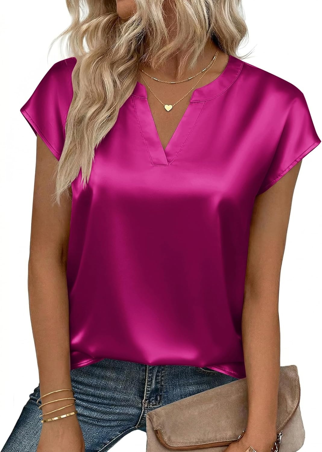 image:imageZeagoo Women Tops Silk Satin Blouses V Neck Summer Shirts Cap Sleeve Business Casual Dressy Spring ClothingHot Pink