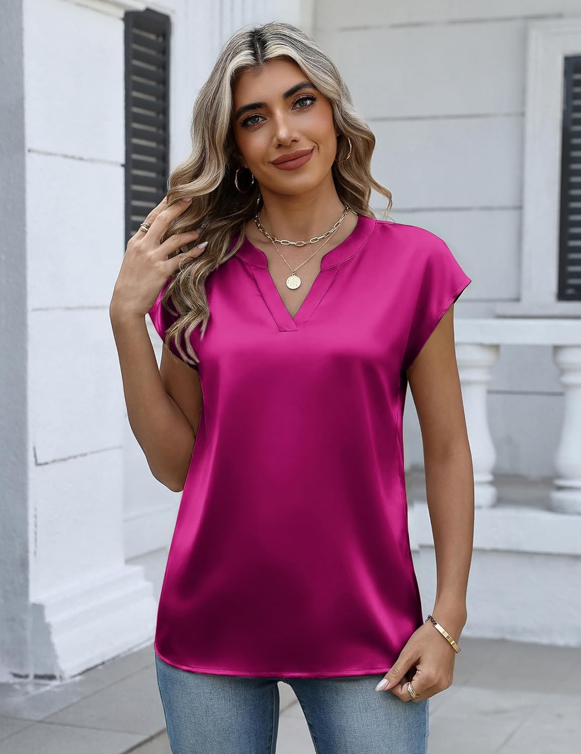 image:imageZeagoo Women Tops Silk Satin Blouses V Neck Summer Shirts Cap Sleeve Business Casual Dressy Spring ClothingHot Pink