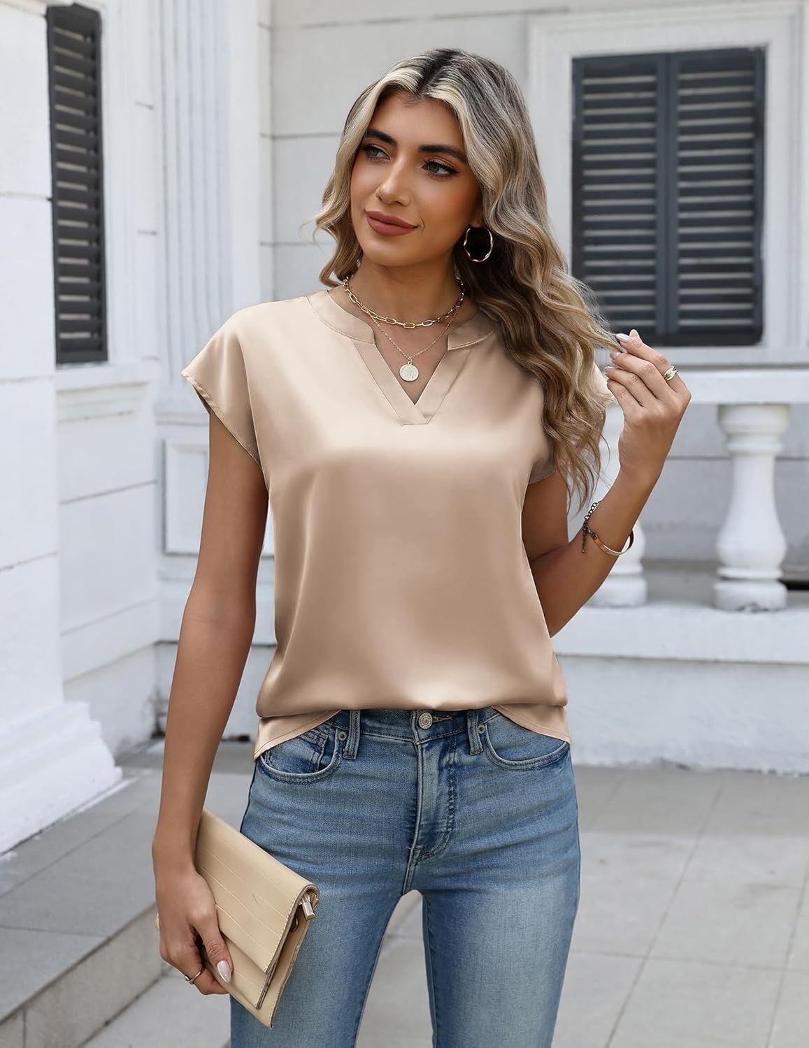 image:imageZeagoo Women Tops Silk Satin Blouses V Neck Summer Shirts Cap Sleeve Business Casual Dressy Spring ClothingLight Khaki 2