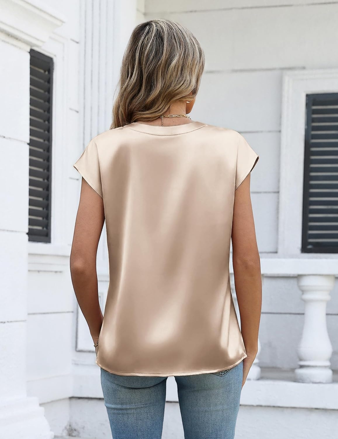 image:imageZeagoo Women Tops Silk Satin Blouses V Neck Summer Shirts Cap Sleeve Business Casual Dressy Spring ClothingLight Khaki 2
