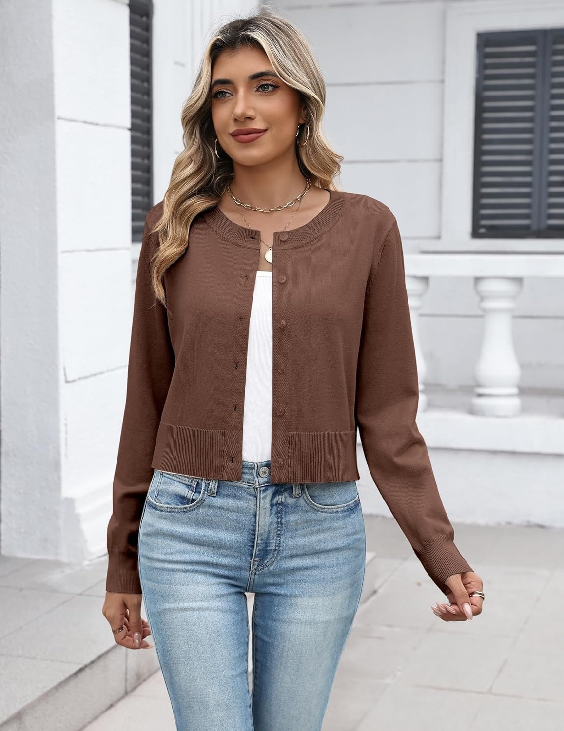 image:imageZeagoo Womens Cropped Cardigan Sweaters 2026 Button Down Long Sleeve Knit Bolero Shrugs for DressesBrown