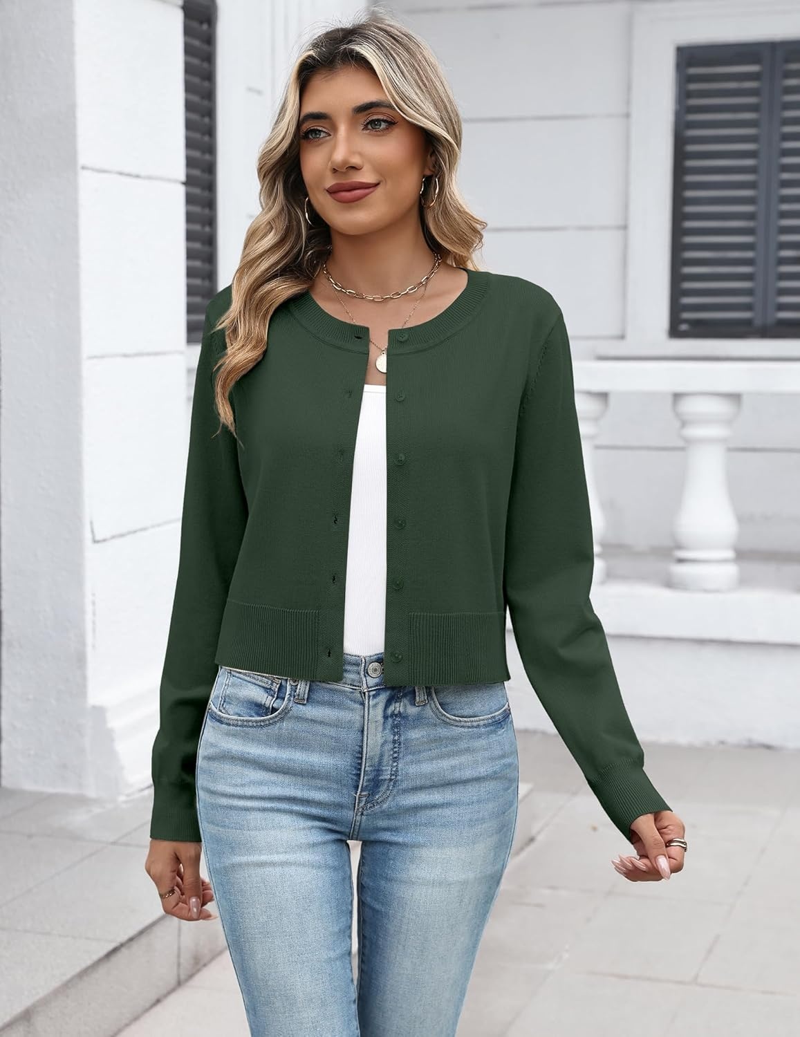 image:imageZeagoo Womens Cropped Cardigan Sweaters 2026 Button Down Long Sleeve Knit Bolero Shrugs for DressesDark Green