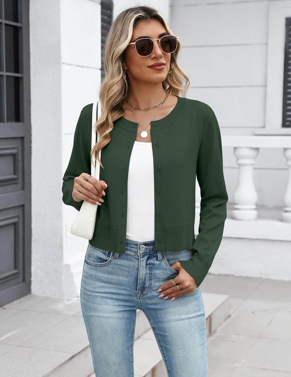 image:imageZeagoo Womens Cropped Cardigan Sweaters 2026 Button Down Long Sleeve Knit Bolero Shrugs for DressesDark Green