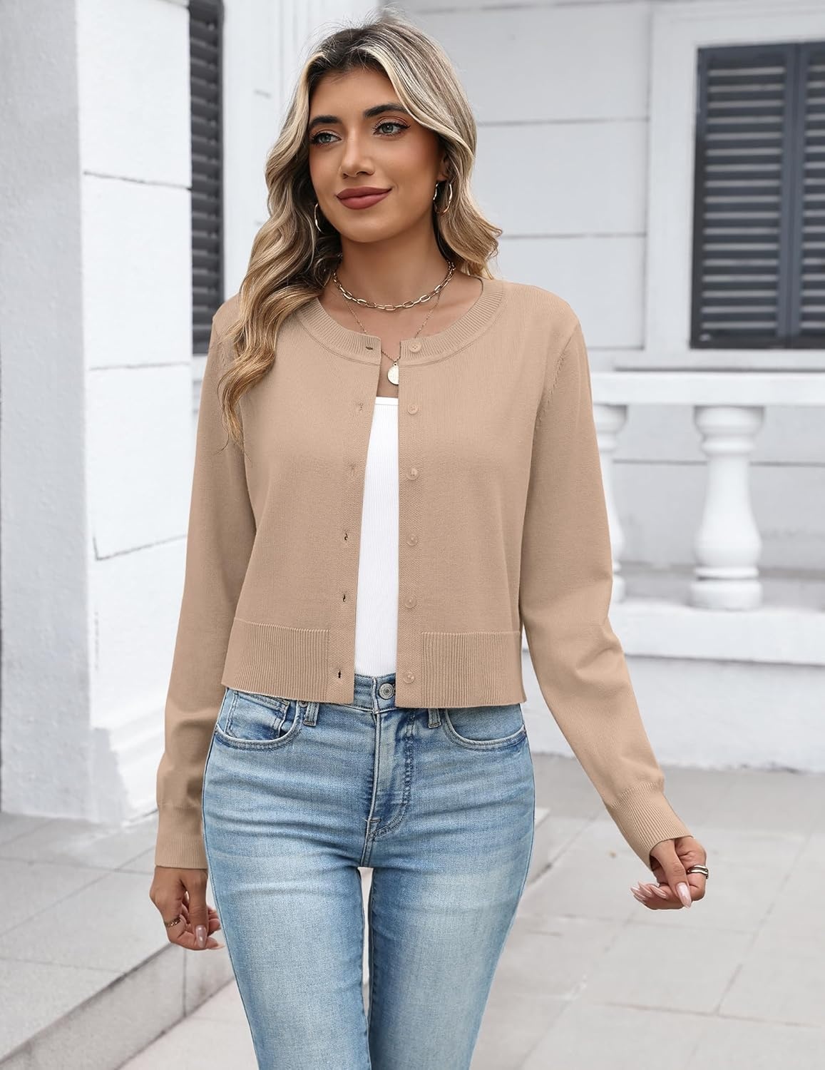 image:imageZeagoo Womens Cropped Cardigan Sweaters 2026 Button Down Long Sleeve Knit Bolero Shrugs for DressesKhaki