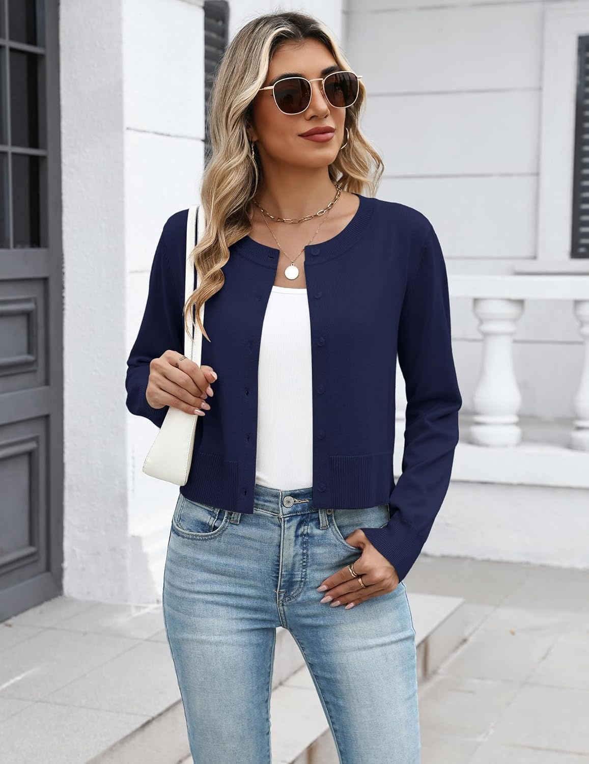 image:imageZeagoo Womens Cropped Cardigan Sweaters 2026 Button Down Long Sleeve Knit Bolero Shrugs for DressesNavy