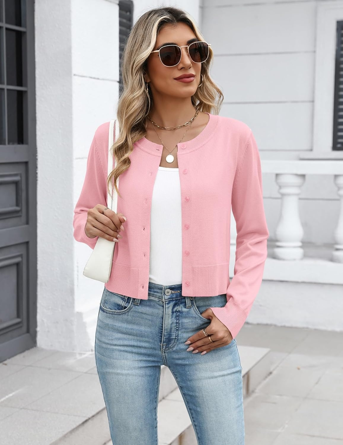 image:imageZeagoo Womens Cropped Cardigan Sweaters 2026 Button Down Long Sleeve Knit Bolero Shrugs for DressesPink