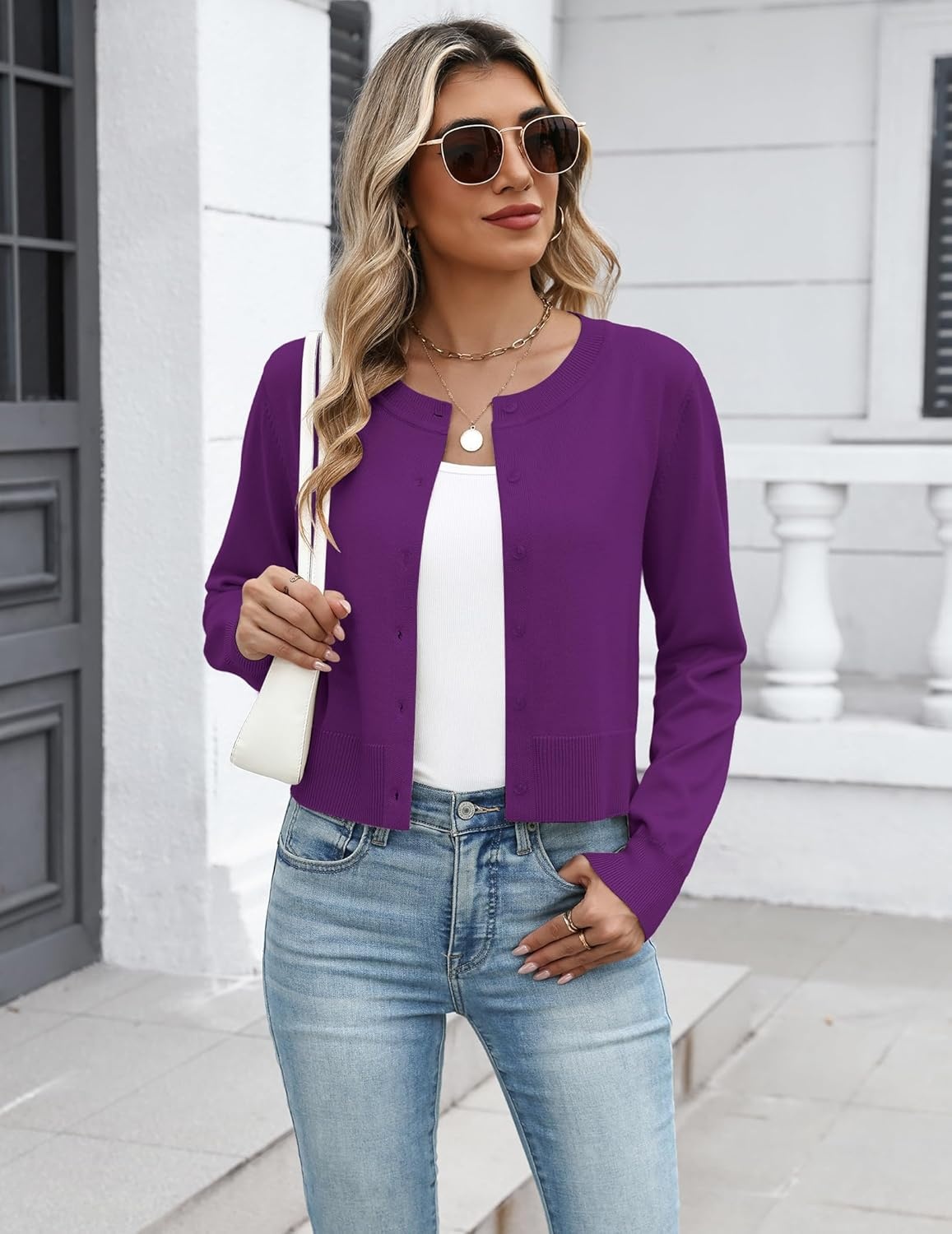 image:imageZeagoo Womens Cropped Cardigan Sweaters 2026 Button Down Long Sleeve Knit Bolero Shrugs for DressesPurple