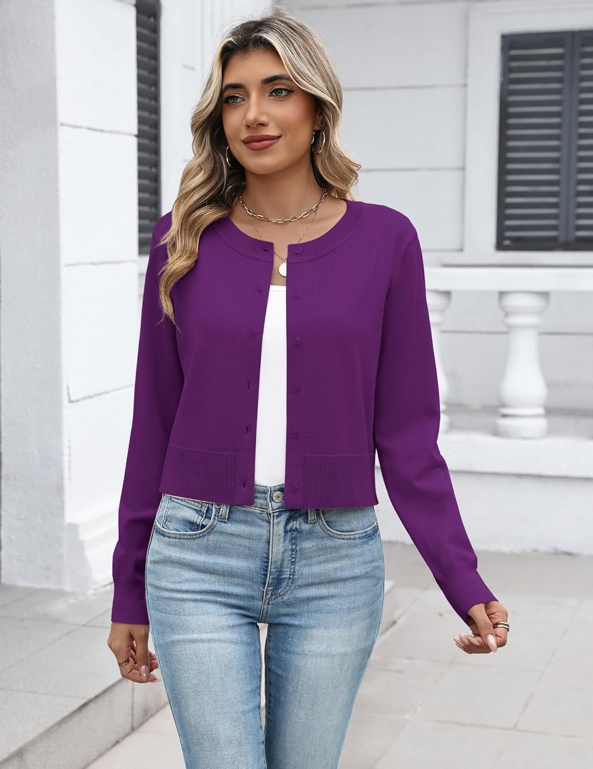 image:imageZeagoo Womens Cropped Cardigan Sweaters 2026 Button Down Long Sleeve Knit Bolero Shrugs for DressesPurple