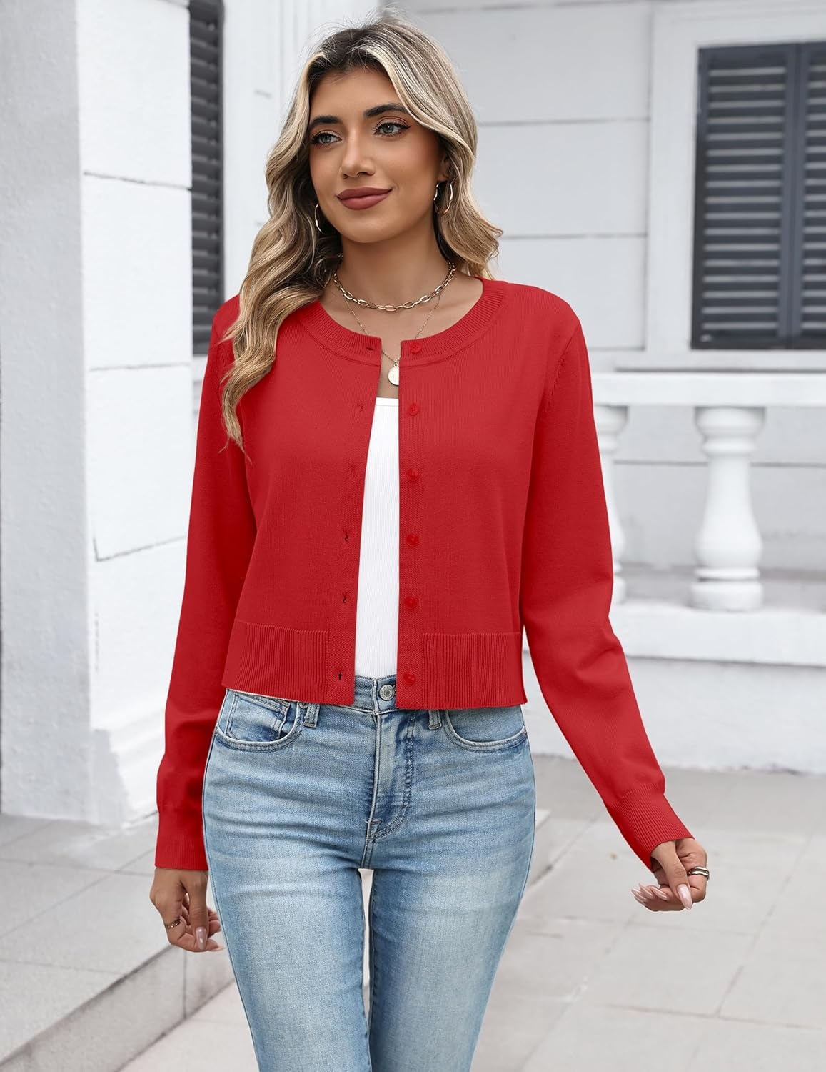 image:imageZeagoo Womens Cropped Cardigan Sweaters 2026 Button Down Long Sleeve Knit Bolero Shrugs for DressesRed