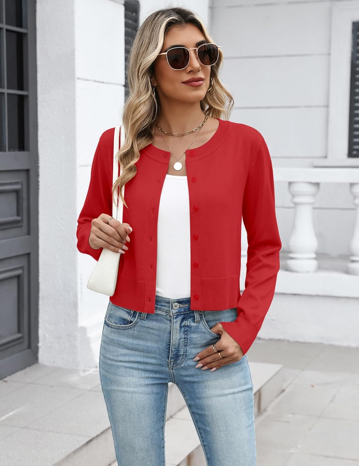 image:imageZeagoo Womens Cropped Cardigan Sweaters 2026 Button Down Long Sleeve Knit Bolero Shrugs for DressesRed