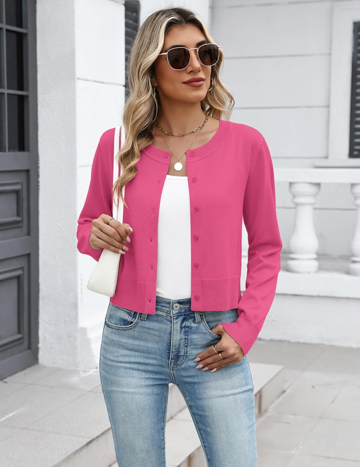 image:imageZeagoo Womens Cropped Cardigan Sweaters 2026 Button Down Long Sleeve Knit Bolero Shrugs for DressesRose Red