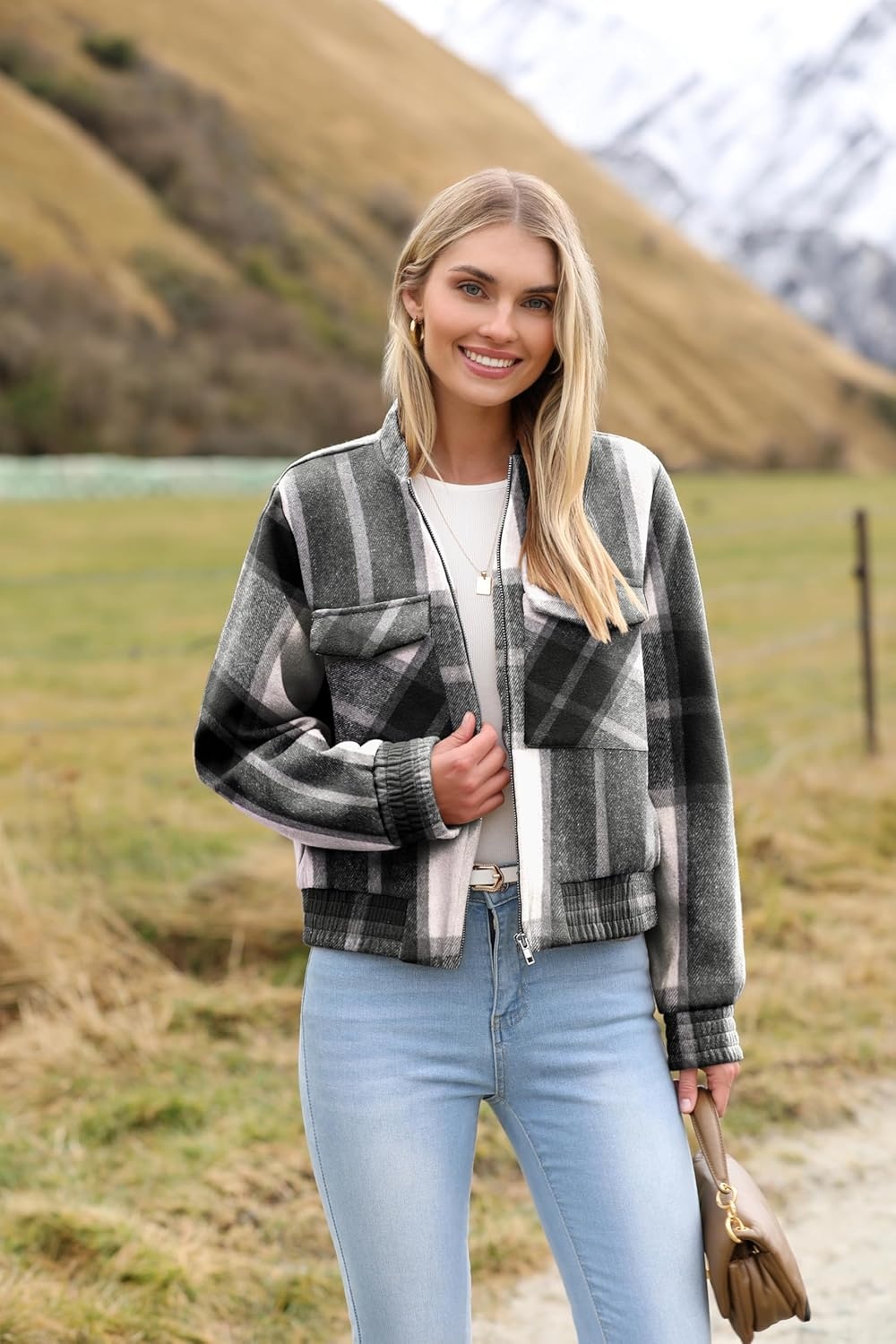 image:imageZeagoo Womens Cropped Jacket Stand Collar Long Sleeve Zip Up Shackets Bomber Jacket Coats with PocketsBlack Plaid Flannel