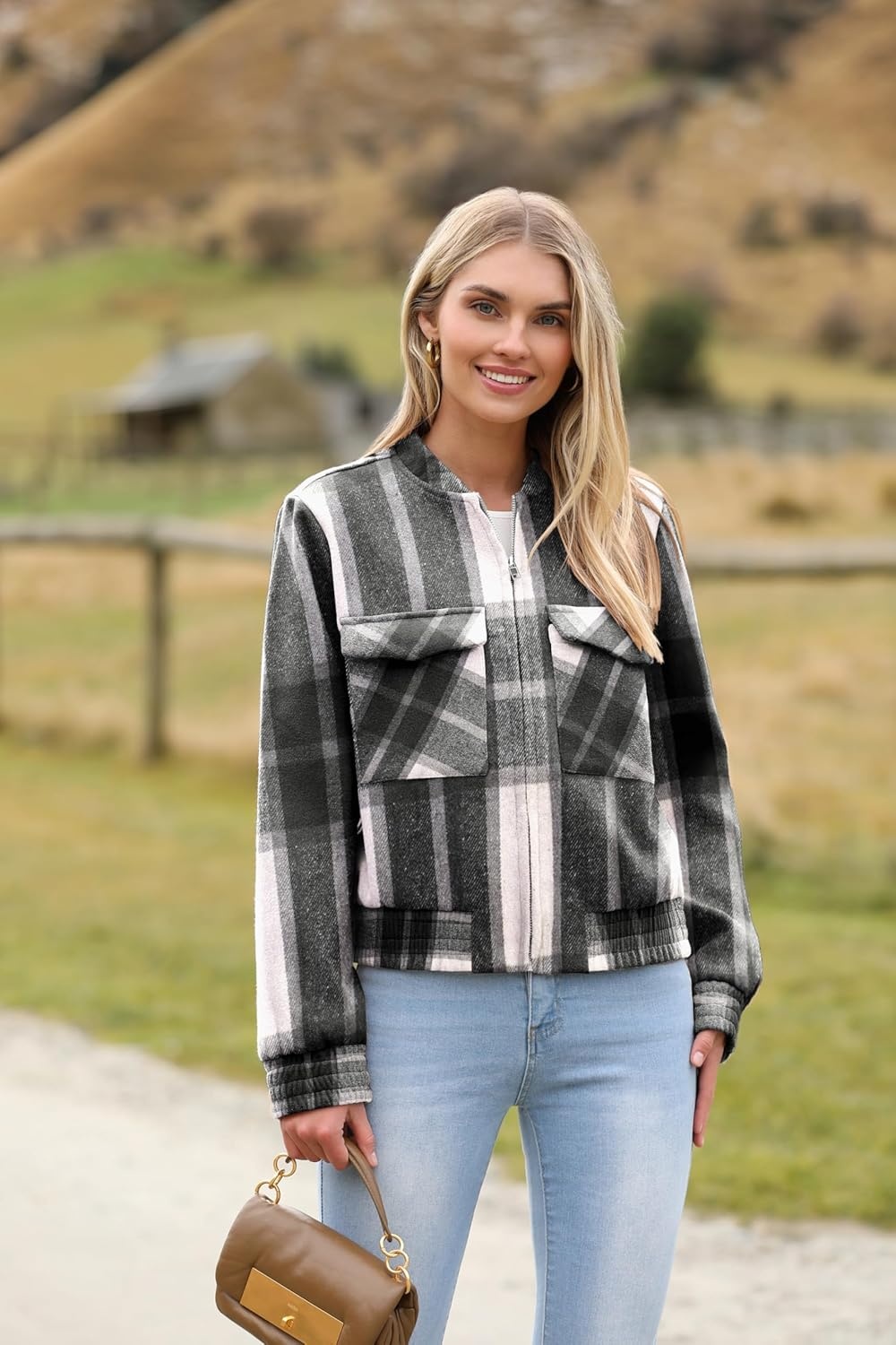 image:imageZeagoo Womens Cropped Jacket Stand Collar Long Sleeve Zip Up Shackets Bomber Jacket Coats with PocketsBlack Plaid Flannel