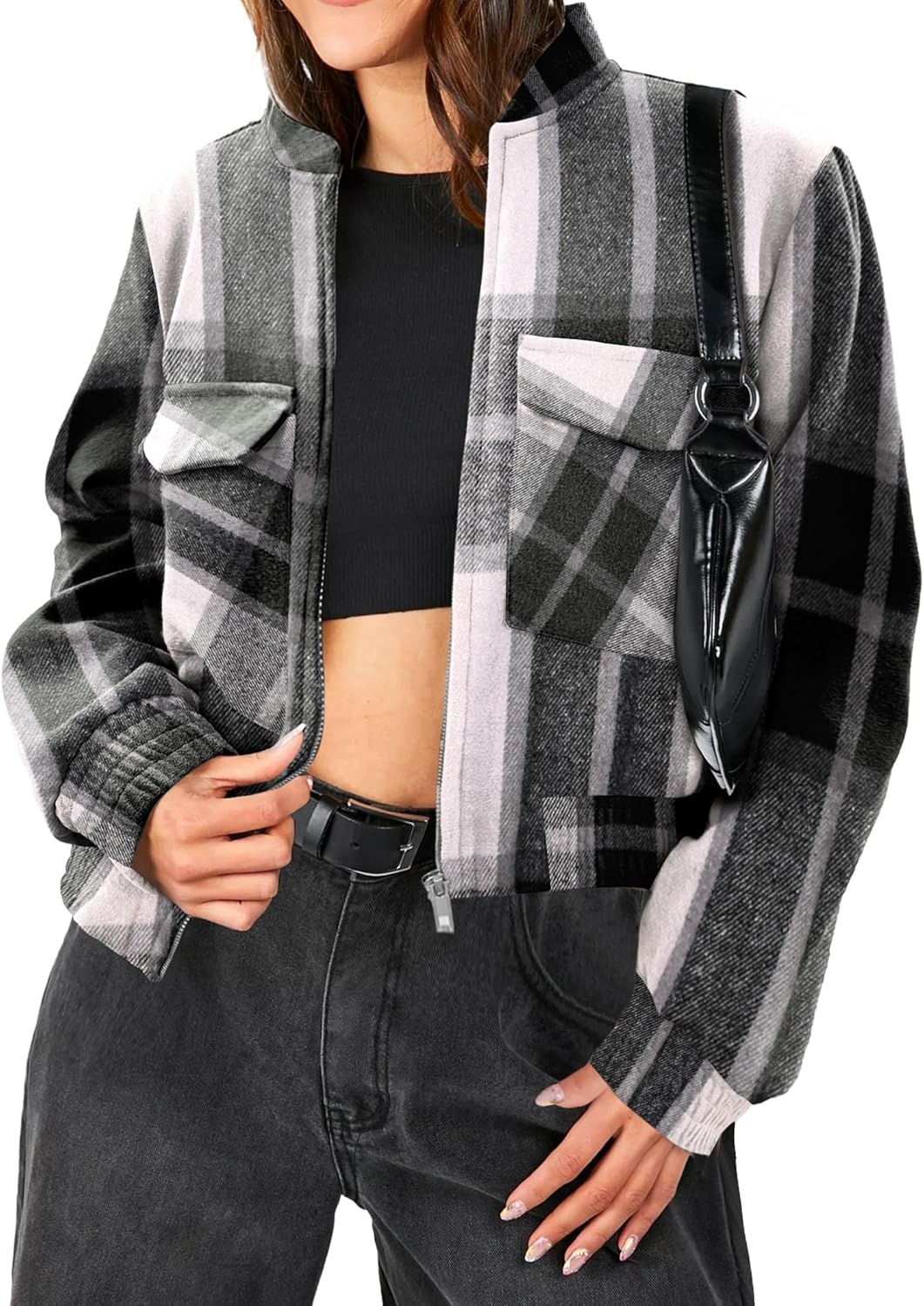image:imageZeagoo Womens Cropped Jacket Stand Collar Long Sleeve Zip Up Shackets Bomber Jacket Coats with PocketsBlack Plaid Flannel