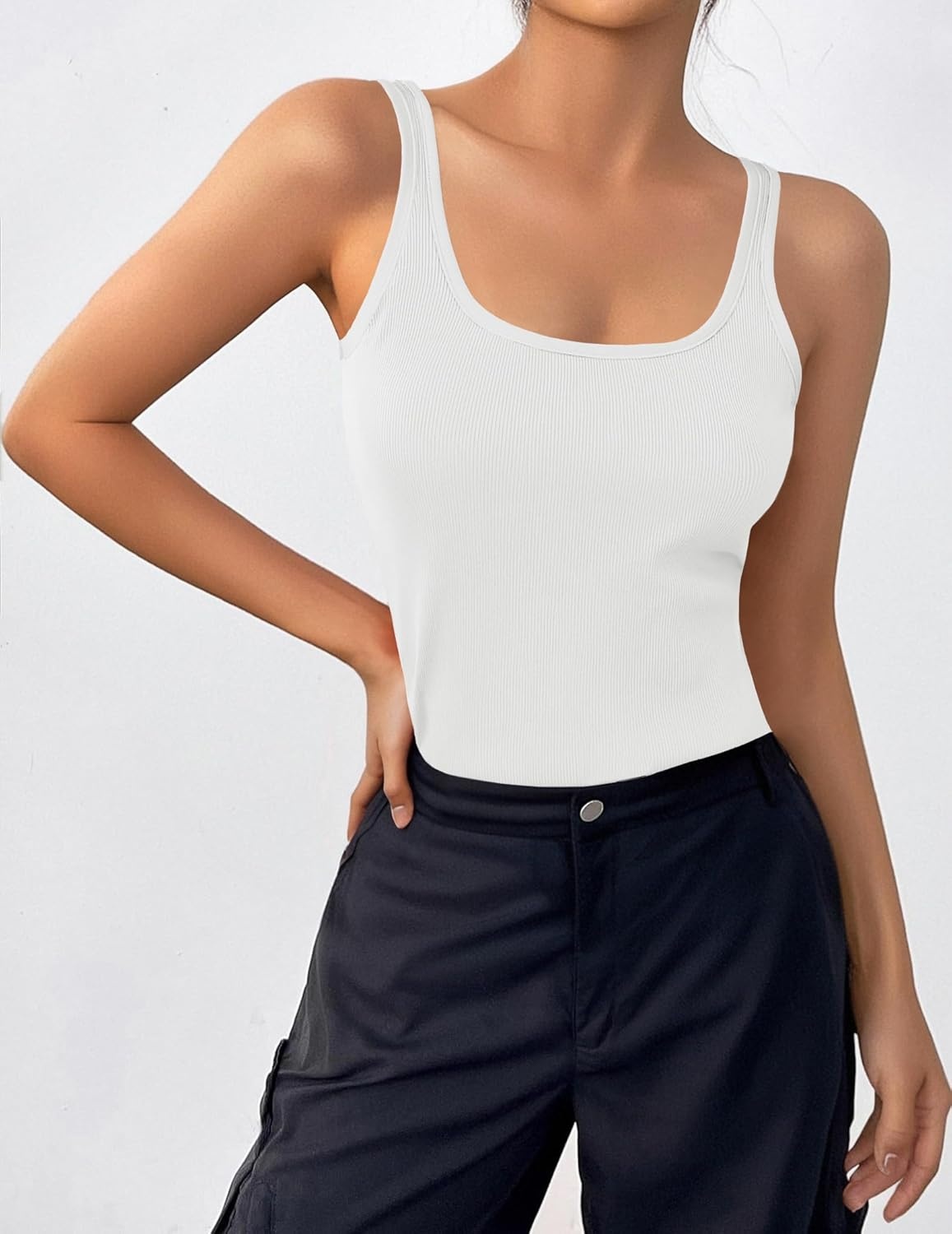 image:imageZeagoo Womens Ribbed Tank Tops Square Neck Summer Tops Slim Fitted Spaghetti Strap Camisole Basic Sleeveless Layering ShirtsZblackWhite