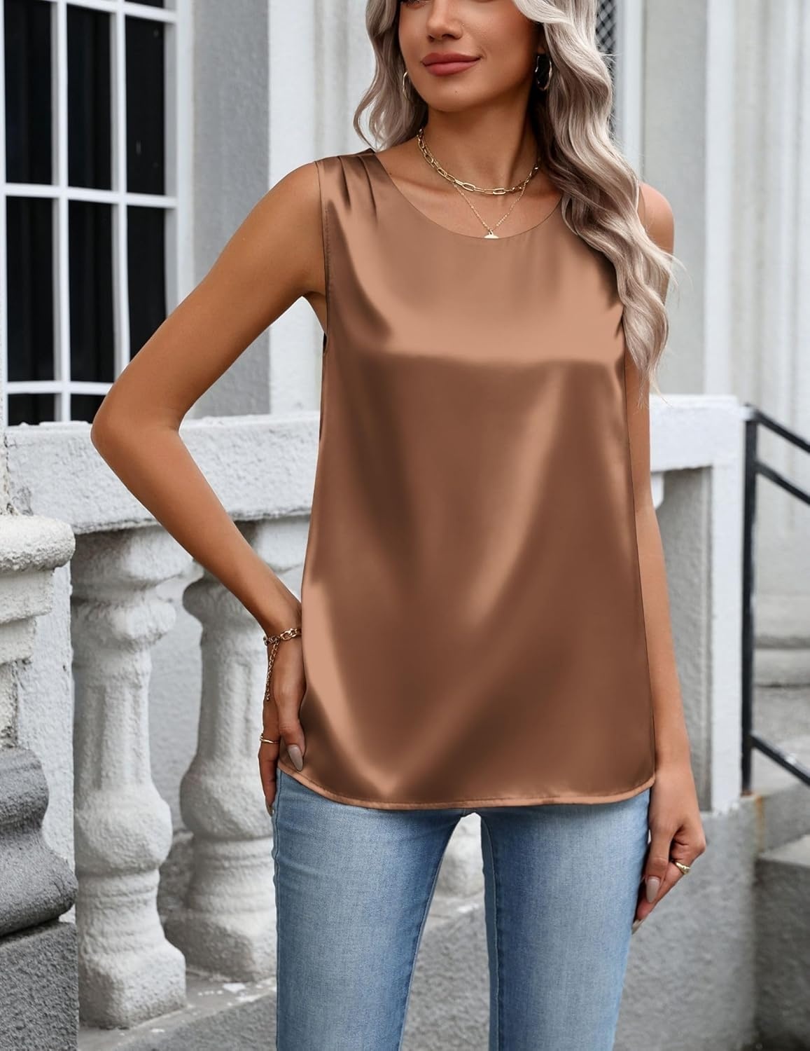 image:imageZeagoo Womens Satin Tank Top Pleated Shoulder Sleeveless Blouse Round Neck Dressy Business Casual Work Office Summer TopDark Khaki