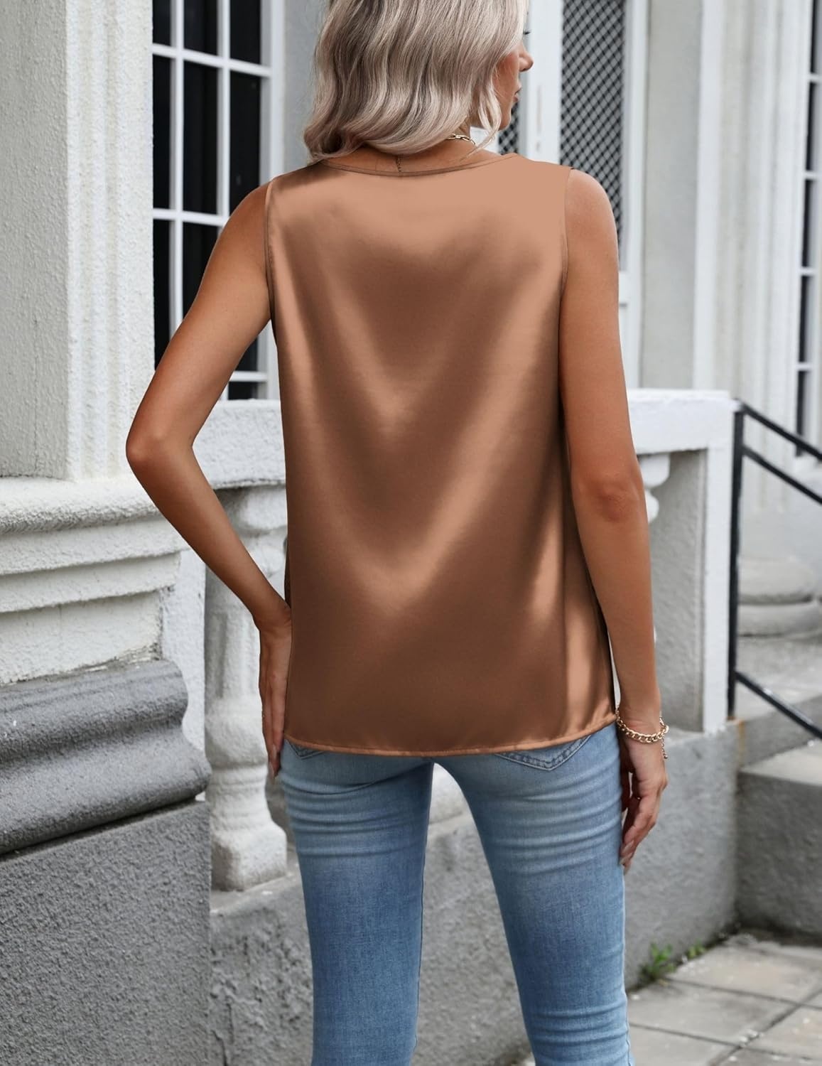 image:imageZeagoo Womens Satin Tank Top Pleated Shoulder Sleeveless Blouse Round Neck Dressy Business Casual Work Office Summer TopDark Khaki