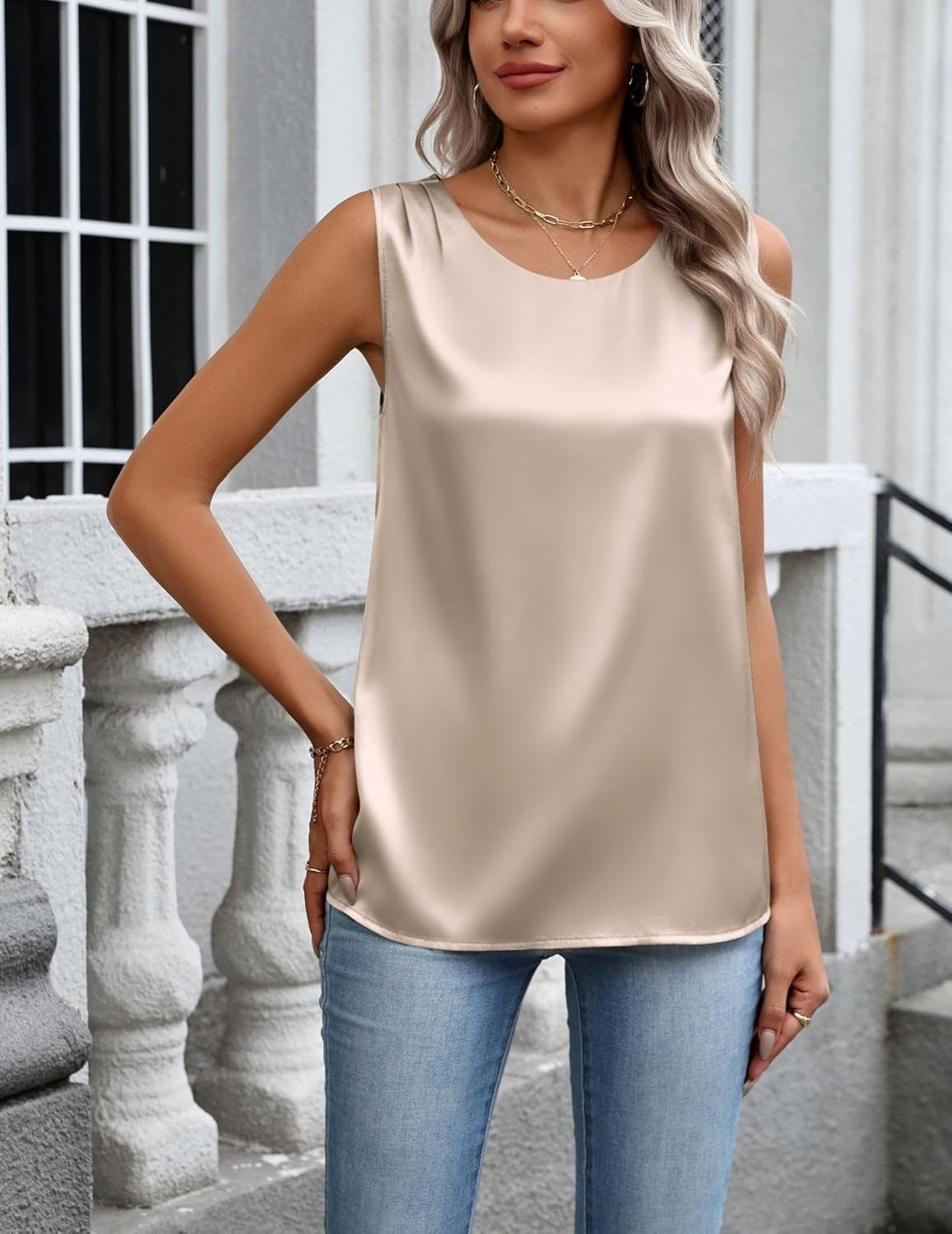 image:imageZeagoo Womens Satin Tank Top Pleated Shoulder Sleeveless Blouse Round Neck Dressy Business Casual Work Office Summer TopLight Champagne