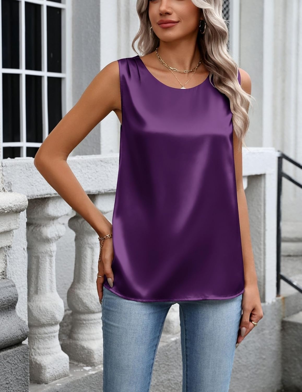 image:imageZeagoo Womens Satin Tank Top Pleated Shoulder Sleeveless Blouse Round Neck Dressy Business Casual Work Office Summer TopPurple