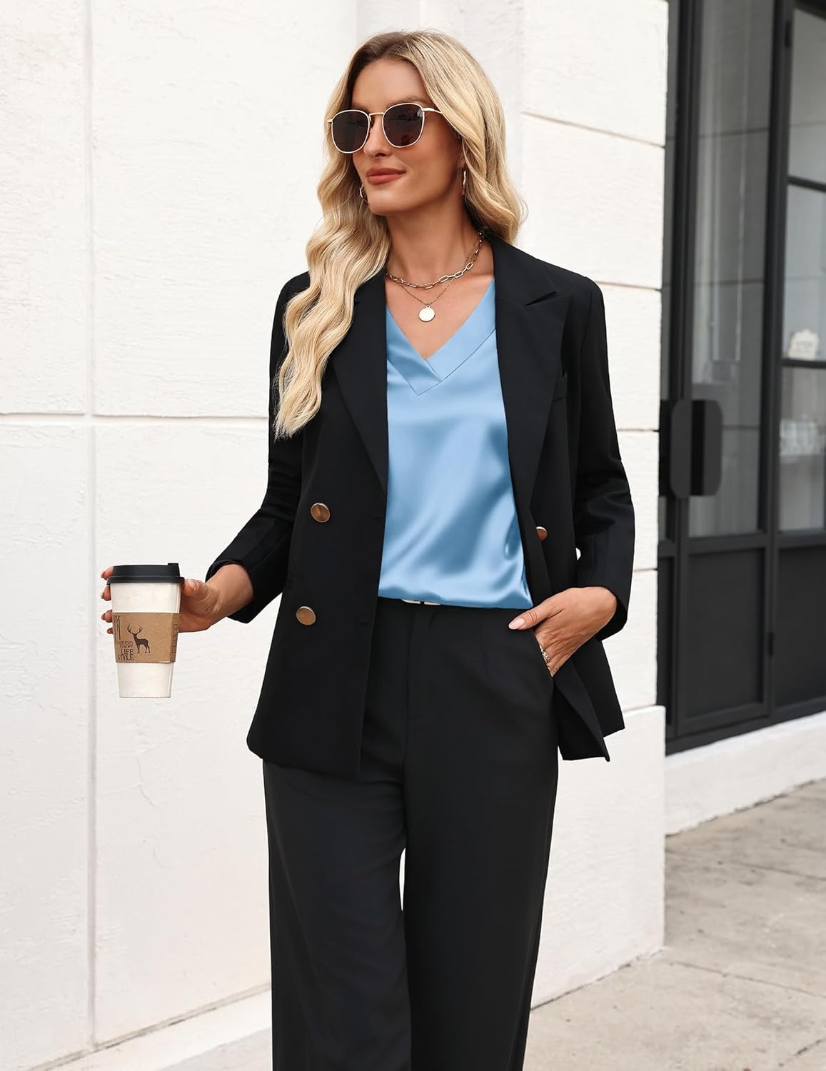 image:imageZeagoo Womens Silk Satin Tank Tops V Neck Casual Camisoles Sleeveless Business Work Blouses Dressy Summer ShirtsLight Blue