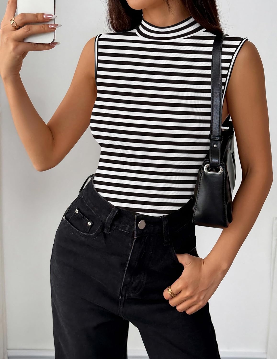 image:imageZeagoo Womens Sleeveless Mock Turtleneck Tank Tops Slim Fit Stretch Ribbed Tops Casual Basic Layering Shirts 2026Atw454 Stripe Black White