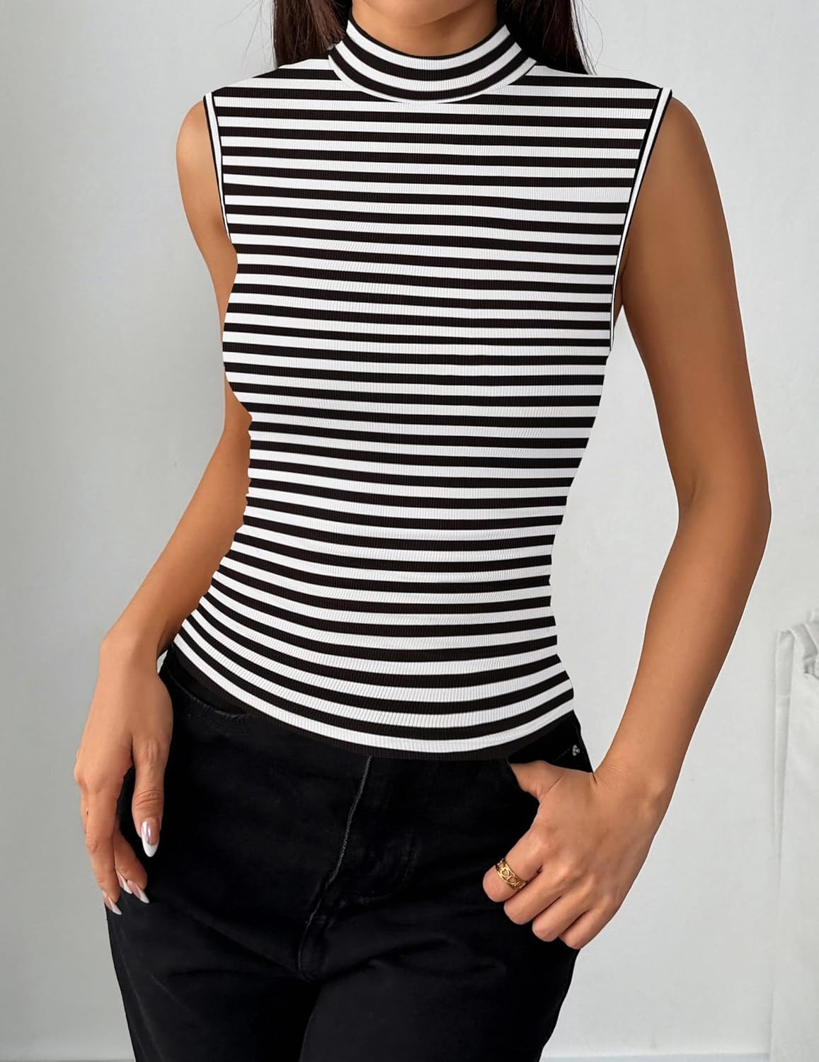 image:imageZeagoo Womens Sleeveless Mock Turtleneck Tank Tops Slim Fit Stretch Ribbed Tops Casual Basic Layering Shirts 2026Atw454 Stripe Black White