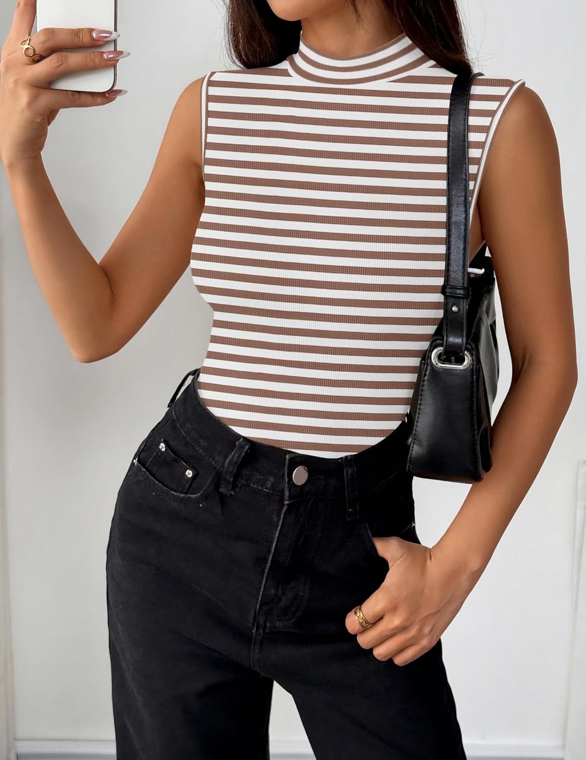 image:imageZeagoo Womens Sleeveless Mock Turtleneck Tank Tops Slim Fit Stretch Ribbed Tops Casual Basic Layering Shirts 2026Atw541 Stripe Brown White