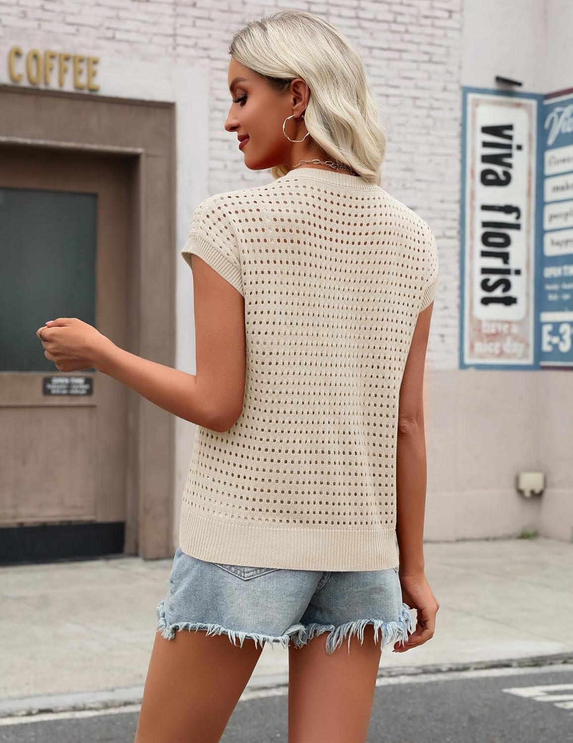 image:imageZeagoo Womens Spring Summer Crochet Tops Cap Sleeve Sweater Vest Hollow Out Pullover Shirts Beach Vacation ClothesApricot