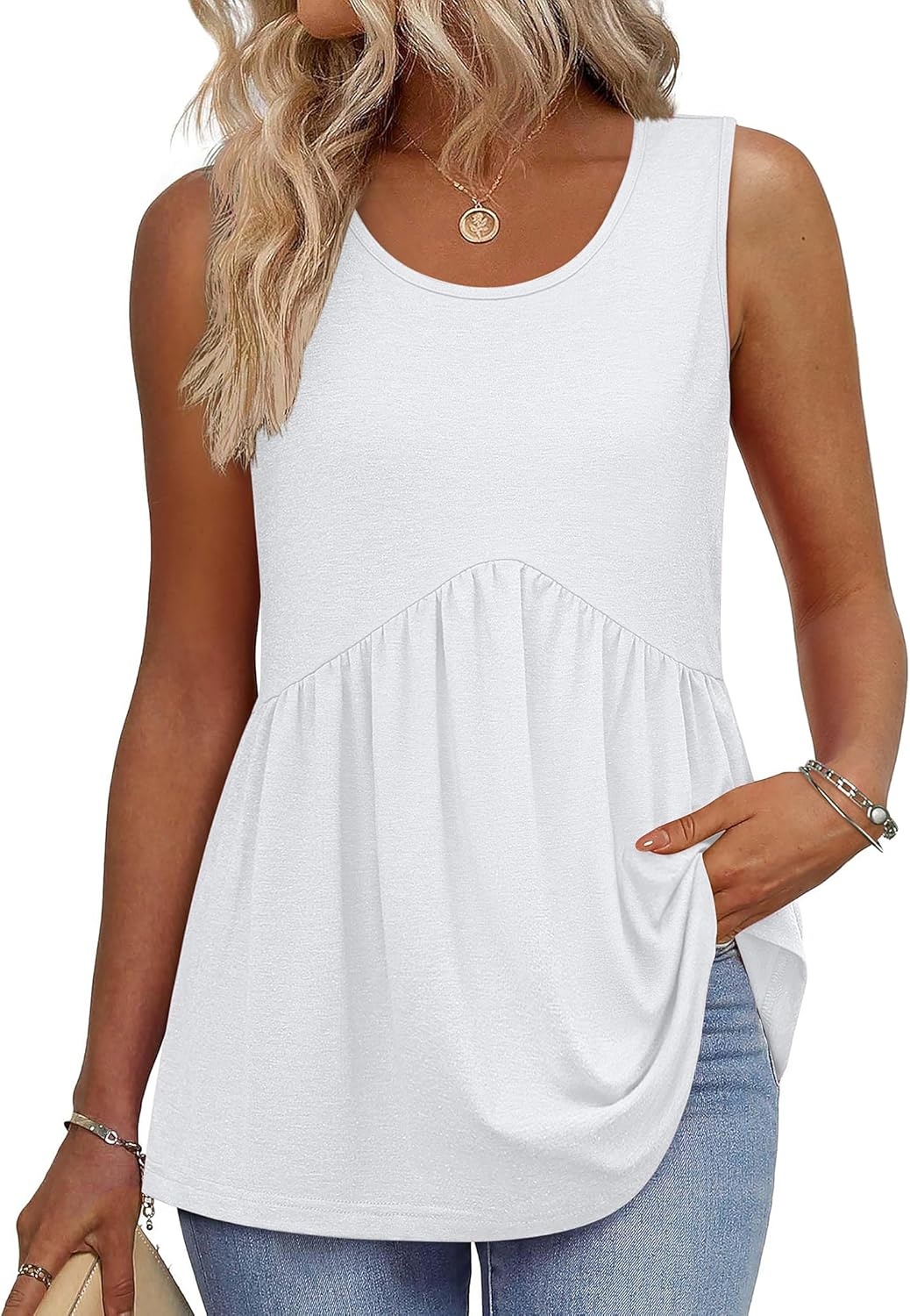 image:imageZeagoo Womens Summer Tank Tops Crew Neck Sleeveless Babydoll Tops Flowy Shirts Loose Fit Tunic Blouses S3XLA White