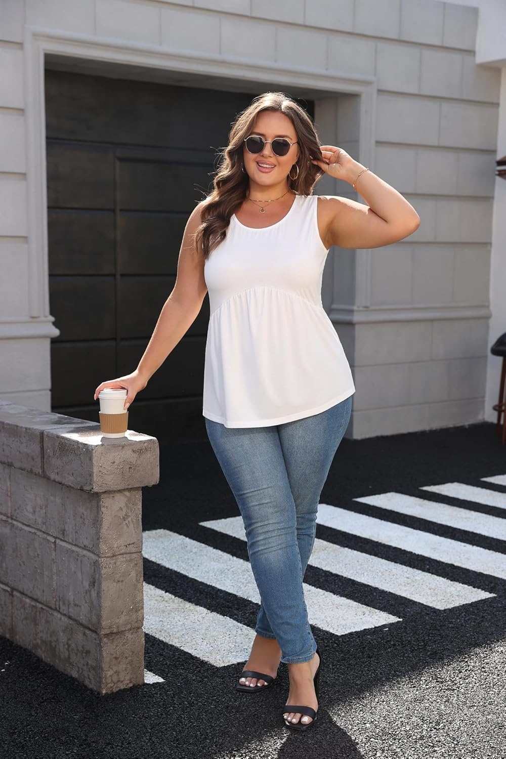 image:imageZeagoo Womens Summer Tank Tops Crew Neck Sleeveless Babydoll Tops Flowy Shirts Loose Fit Tunic Blouses S3XLA White