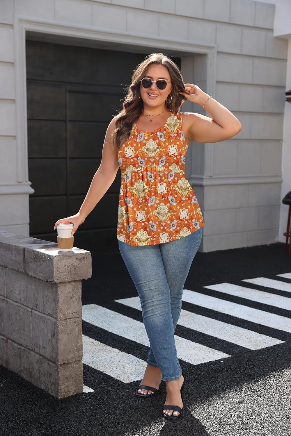 image:imageZeagoo Womens Summer Tank Tops Crew Neck Sleeveless Babydoll Tops Flowy Shirts Loose Fit Tunic Blouses S3XLOrange Ethnic Print