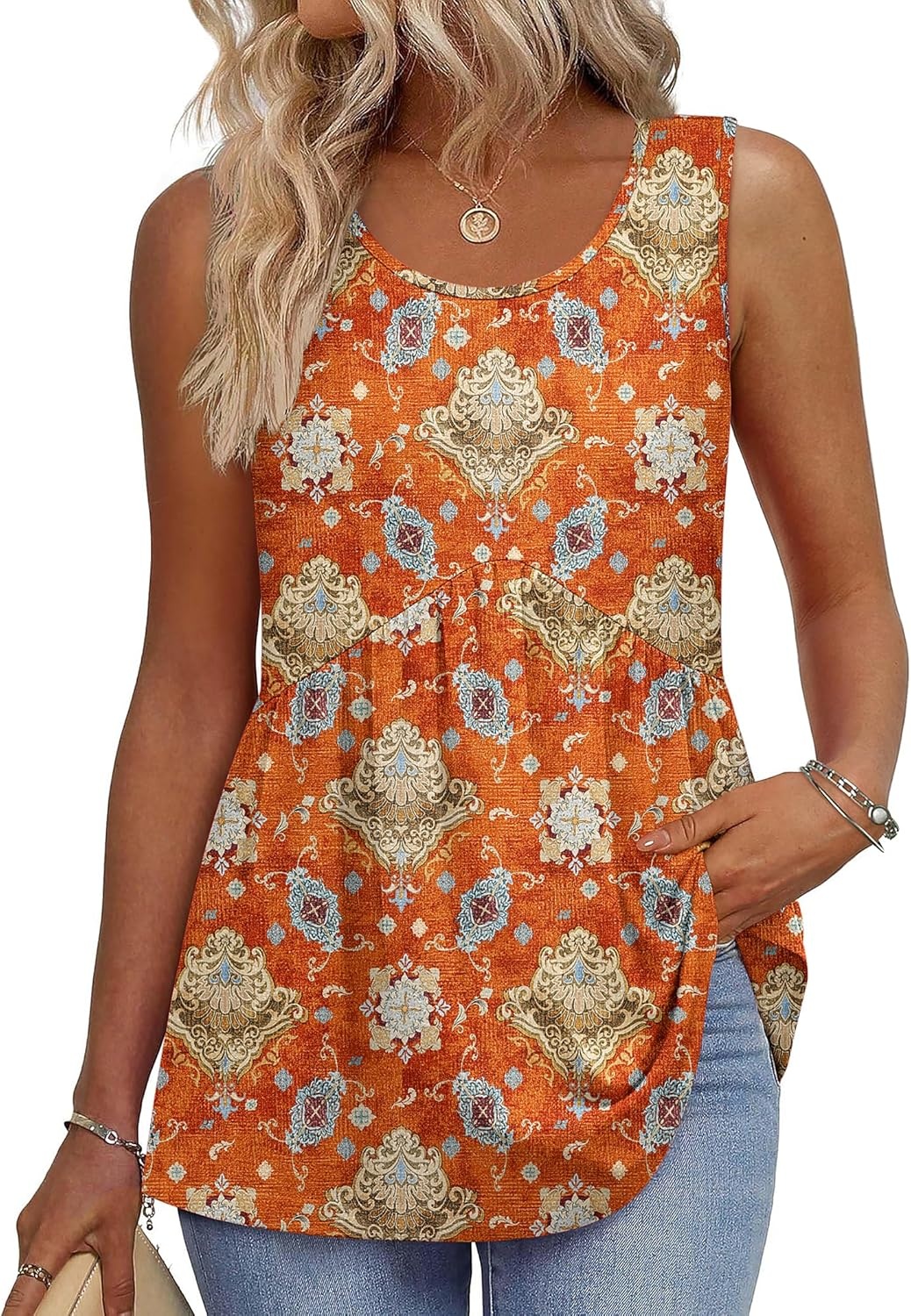 image:imageZeagoo Womens Summer Tank Tops Crew Neck Sleeveless Babydoll Tops Flowy Shirts Loose Fit Tunic Blouses S3XLOrange Ethnic Print