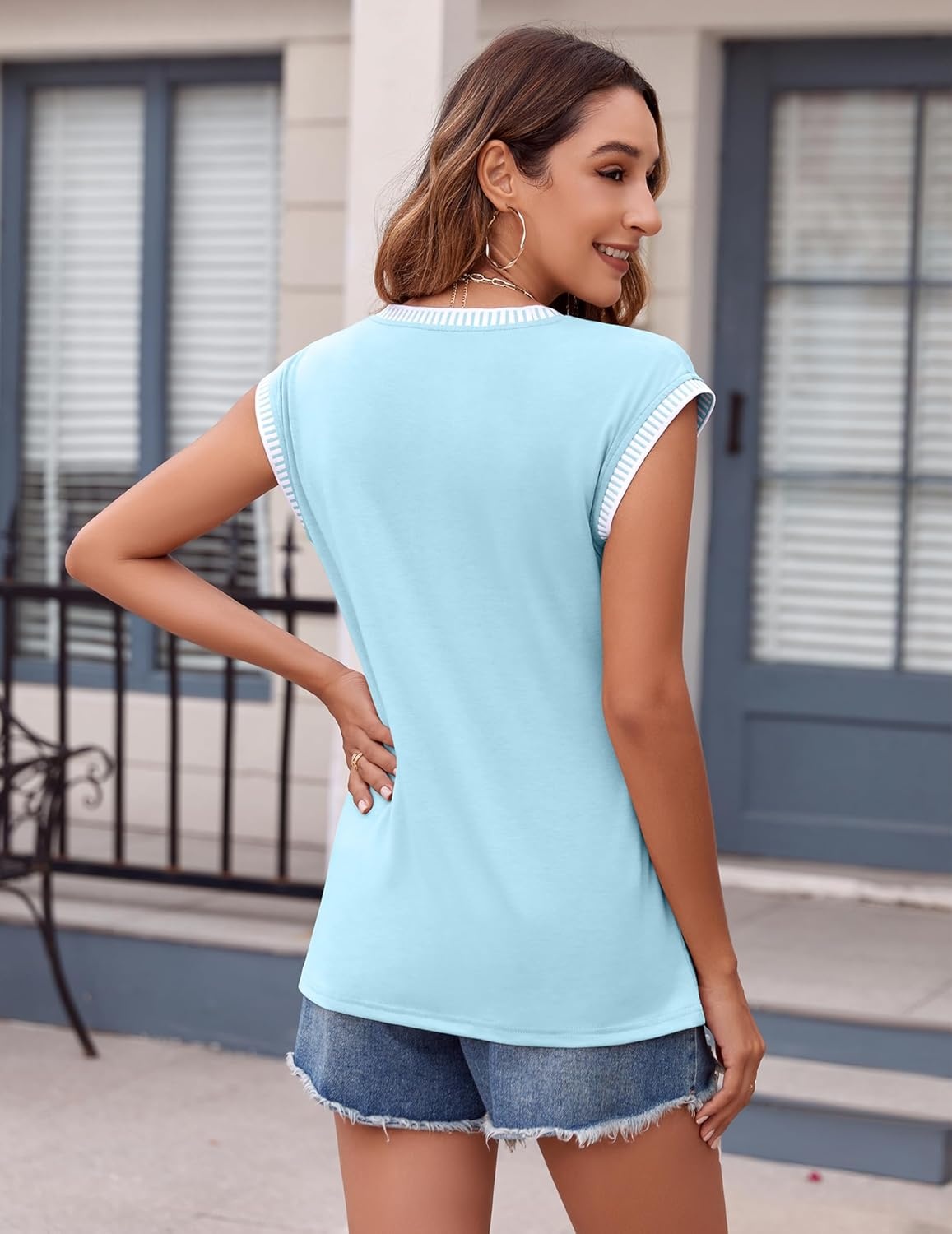 image:imageZeagoo Womens Summer Tops Cap Sleeve Casual Shirts 2025 V Neck Basic Tshirts Loose Fit Trendy TeeBlue
