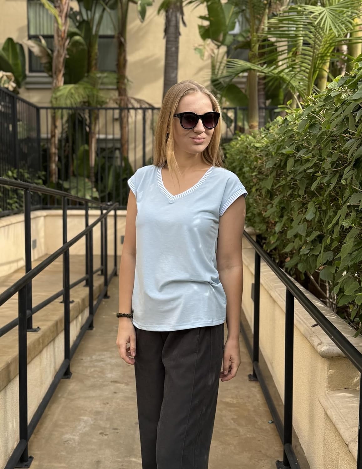 image:imageZeagoo Womens Summer Tops Cap Sleeve Casual Shirts 2025 V Neck Basic Tshirts Loose Fit Trendy TeeBlue