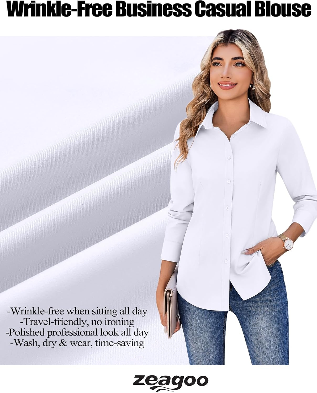 image:imageZeagoo Womens Wrinkle Free Button Down Shirts Long Sleeve Dress Shirts Collared Business Casual Blouses Tops XS3XLAwhite