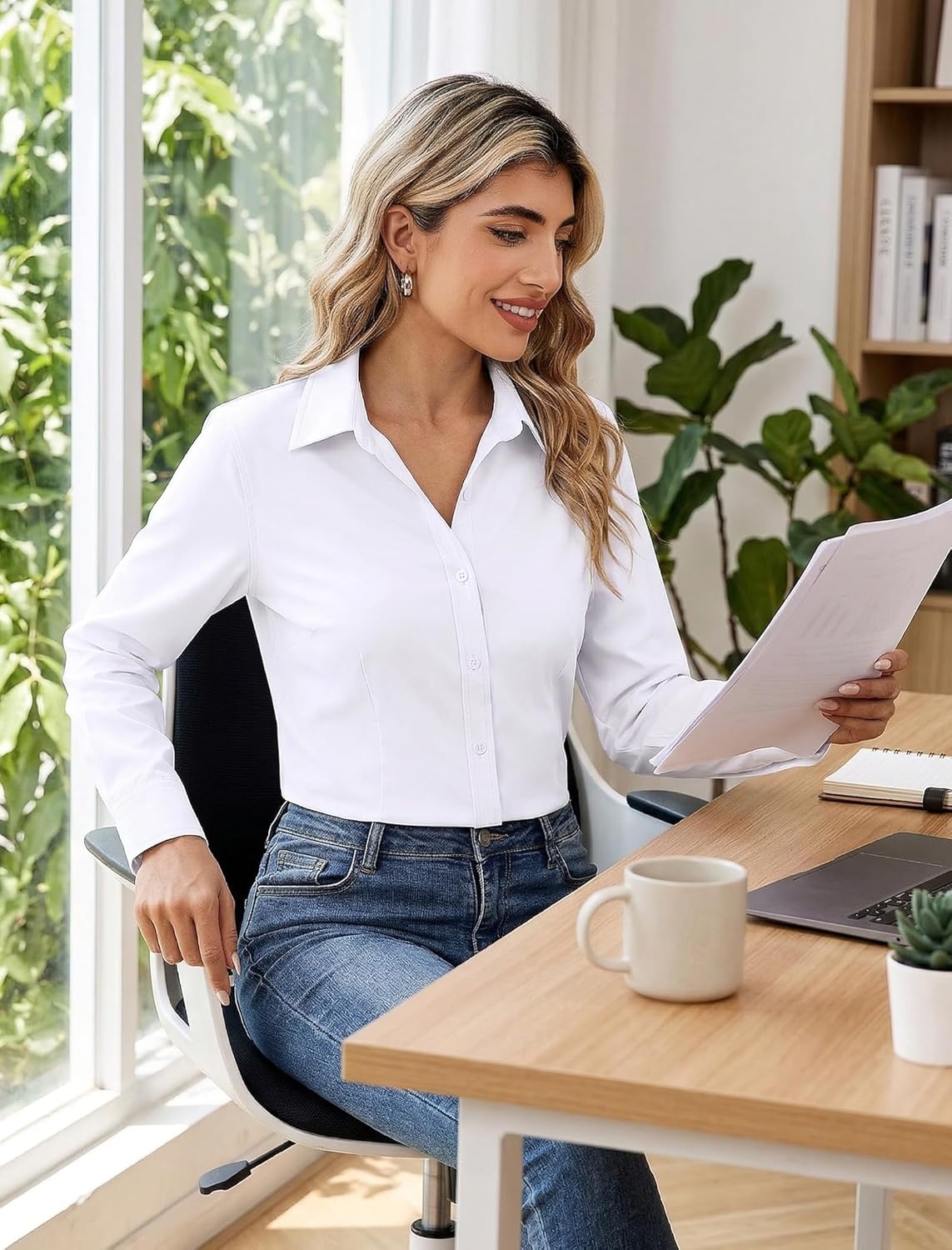 image:imageZeagoo Womens Wrinkle Free Button Down Shirts Long Sleeve Dress Shirts Collared Business Casual Blouses Tops XS3XLAwhite