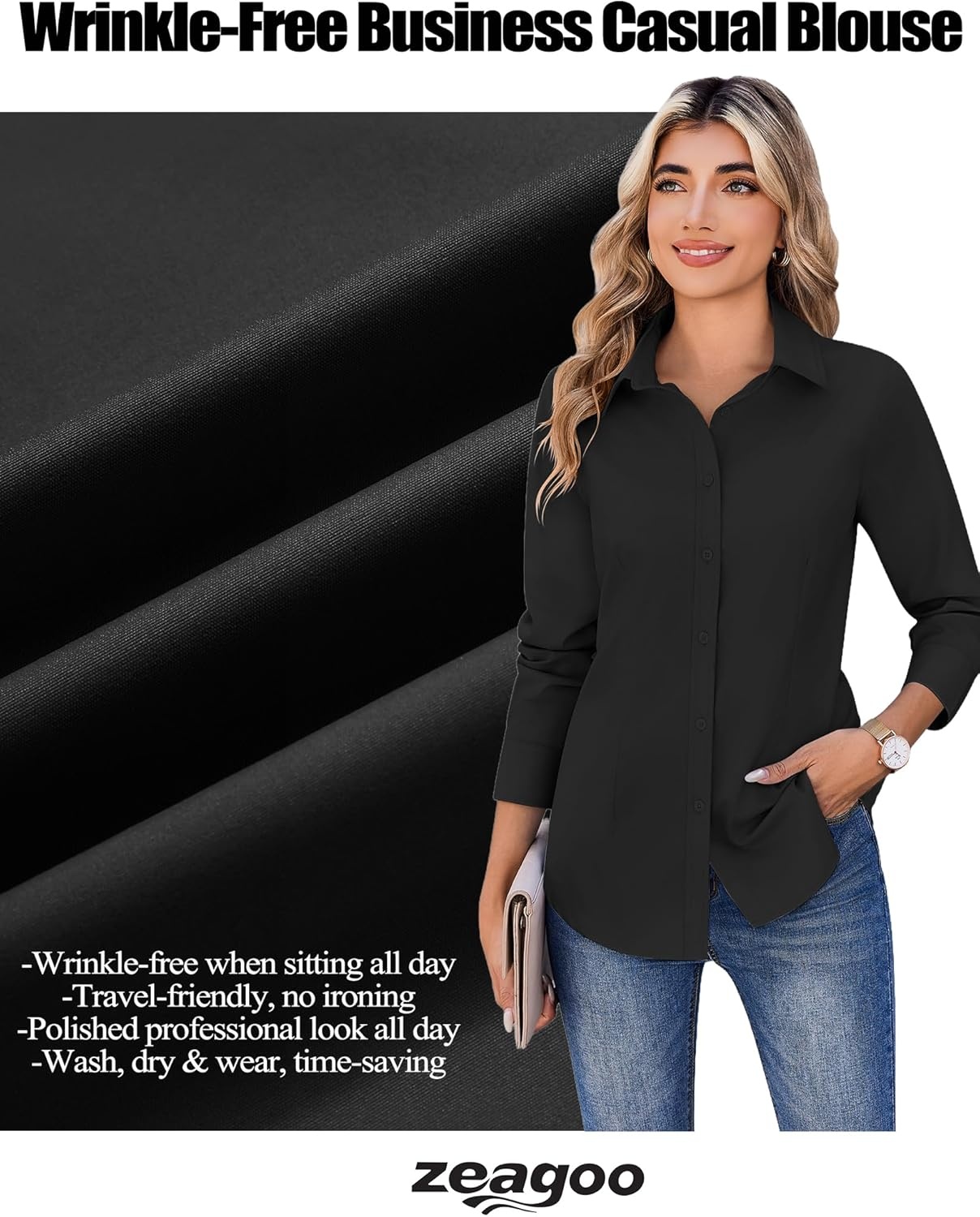 image:imageZeagoo Womens Wrinkle Free Button Down Shirts Long Sleeve Dress Shirts Collared Business Casual Blouses Tops XS3XLBlack
