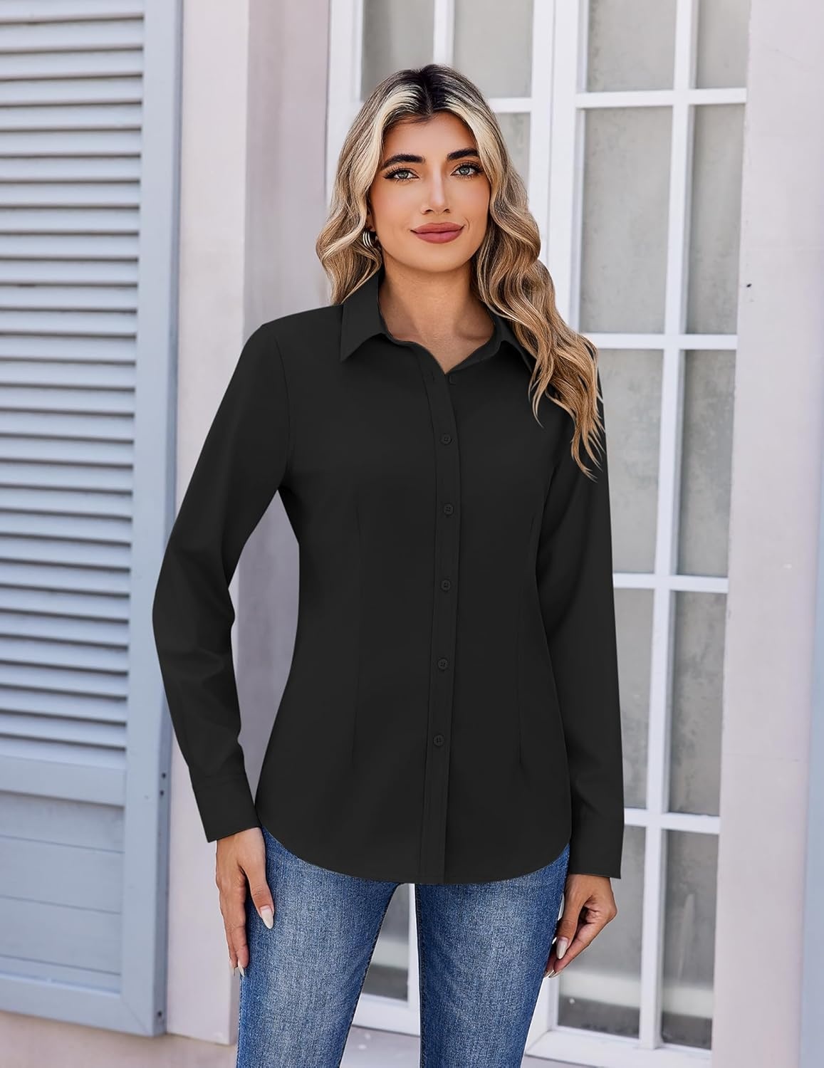 image:imageZeagoo Womens Wrinkle Free Button Down Shirts Long Sleeve Dress Shirts Collared Business Casual Blouses Tops XS3XLBlack