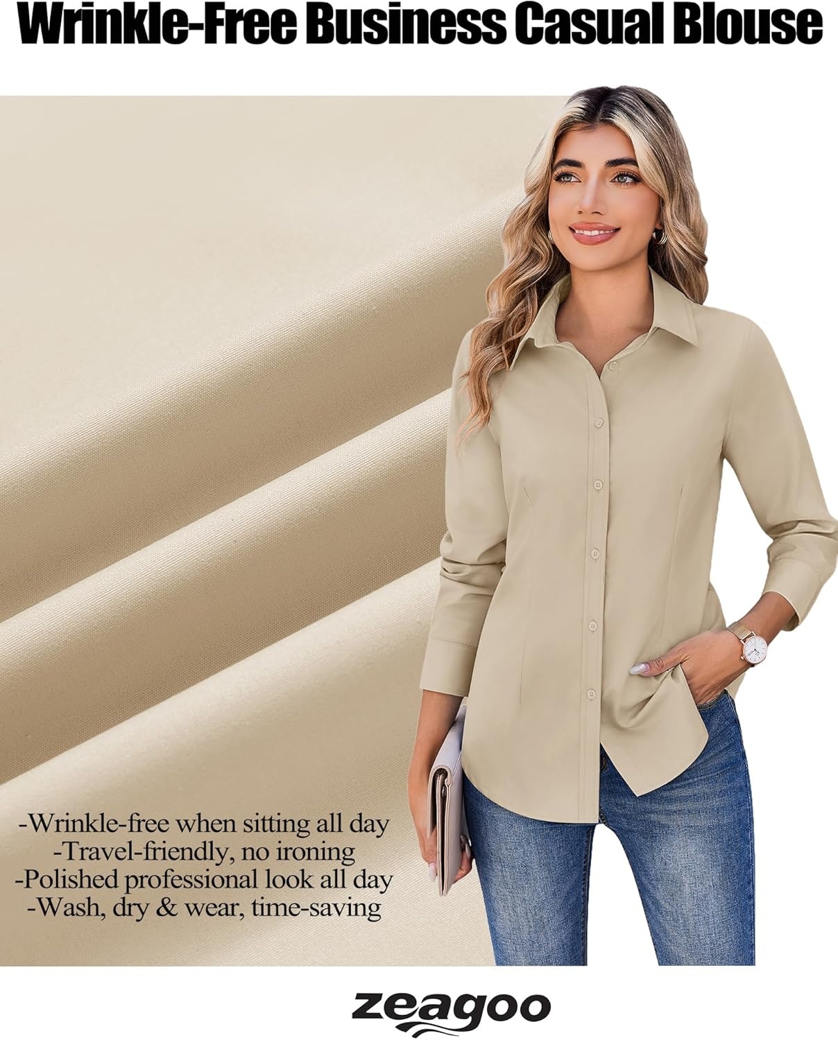 image:imageZeagoo Womens Wrinkle Free Button Down Shirts Long Sleeve Dress Shirts Collared Business Casual Blouses Tops XS3XLKhaki