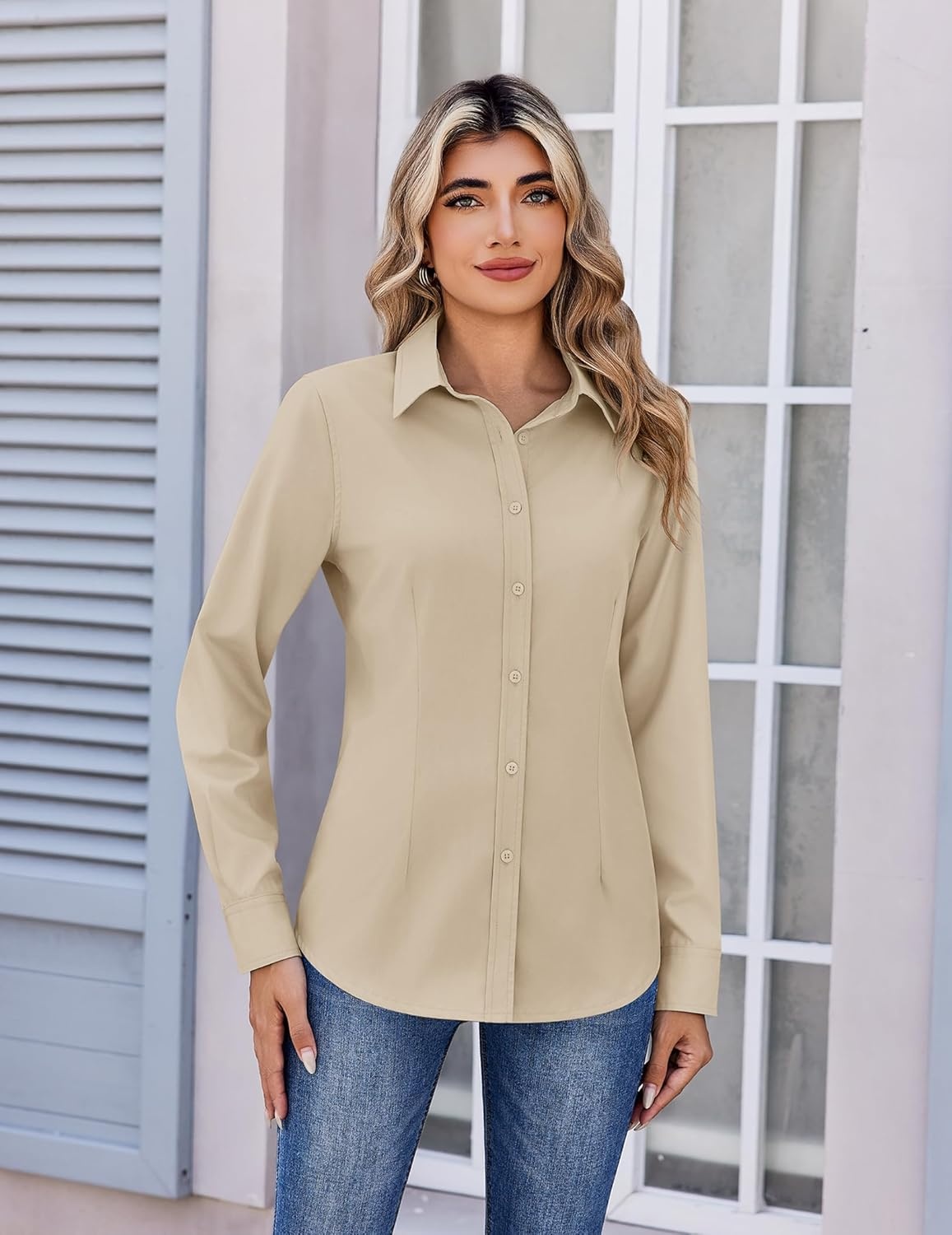 image:imageZeagoo Womens Wrinkle Free Button Down Shirts Long Sleeve Dress Shirts Collared Business Casual Blouses Tops XS3XLKhaki